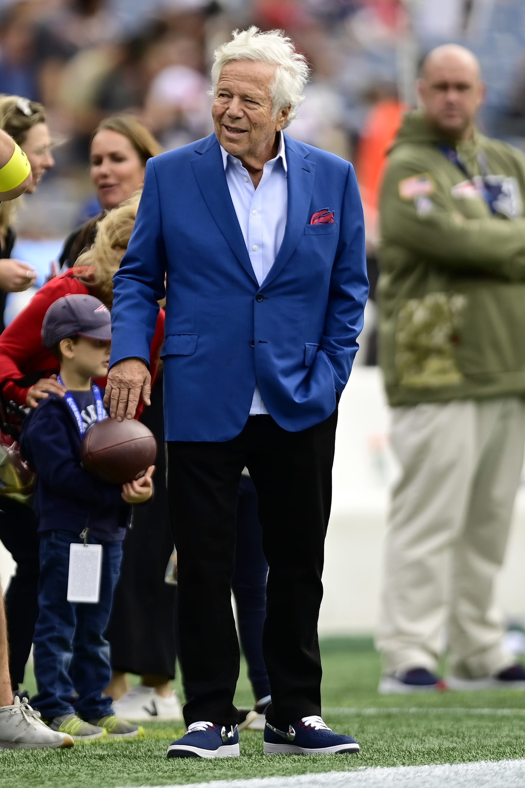 FOXBOROUGH, MASSACHUSETTS - NOVEMBER 06: Robert Kraft owner of the New England Patriots looks on before a game against the Indianapolis Colts at Gillette Stadium on November 06, 2022 in Foxborough, Massachusetts. (Photo by Maddie Malhotra/Getty Images)