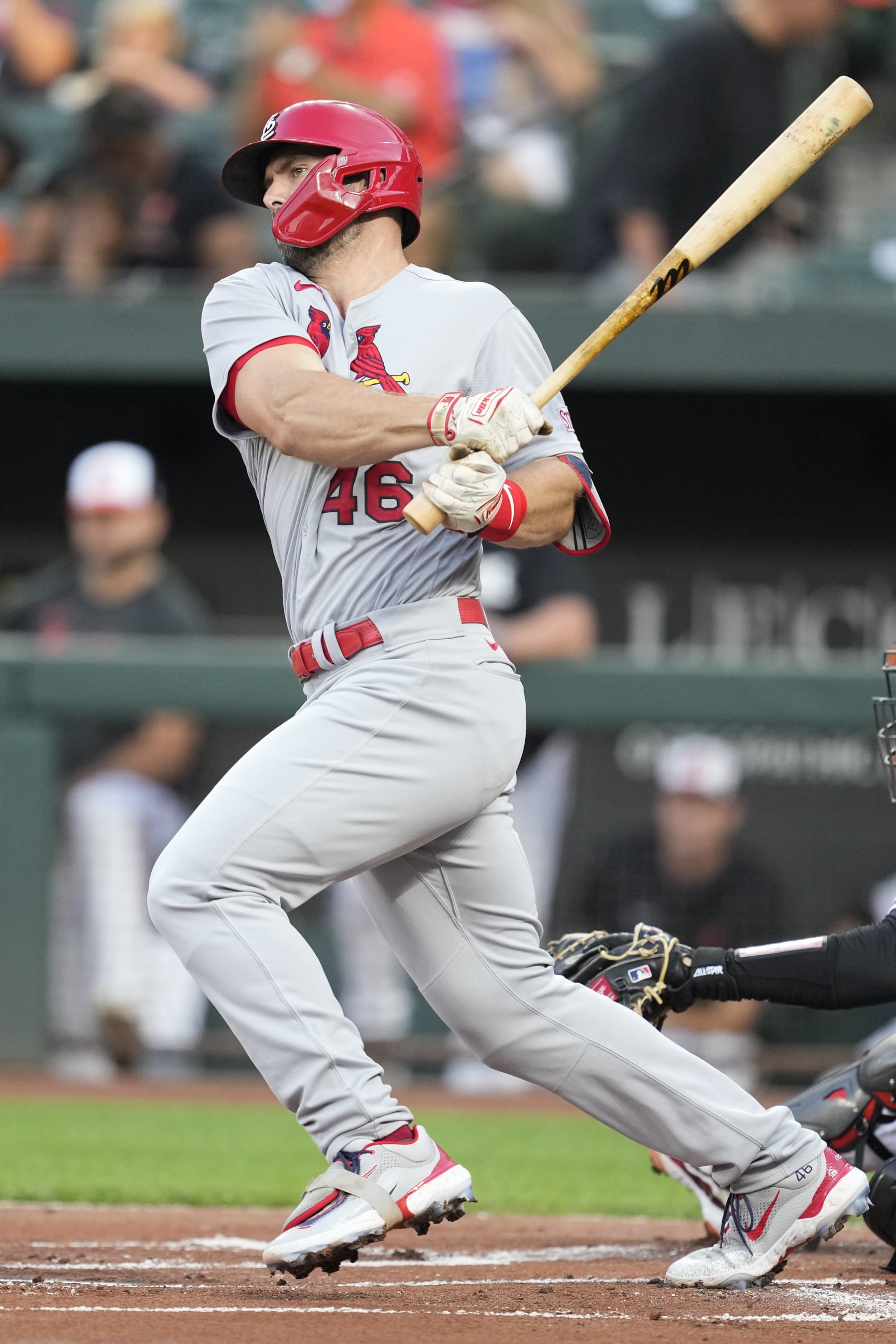 BALTIMORE, MD - SEPTEMBER 11: Paul Goldschmidt #46 of the St. Louis Cardinals takes a swing in a game against the Baltimore Orioles at Oriole Park at Camden Yards on September 11, 2023 in Baltimore, Maryland. (Photo by Mitchell Layton/Getty Images)