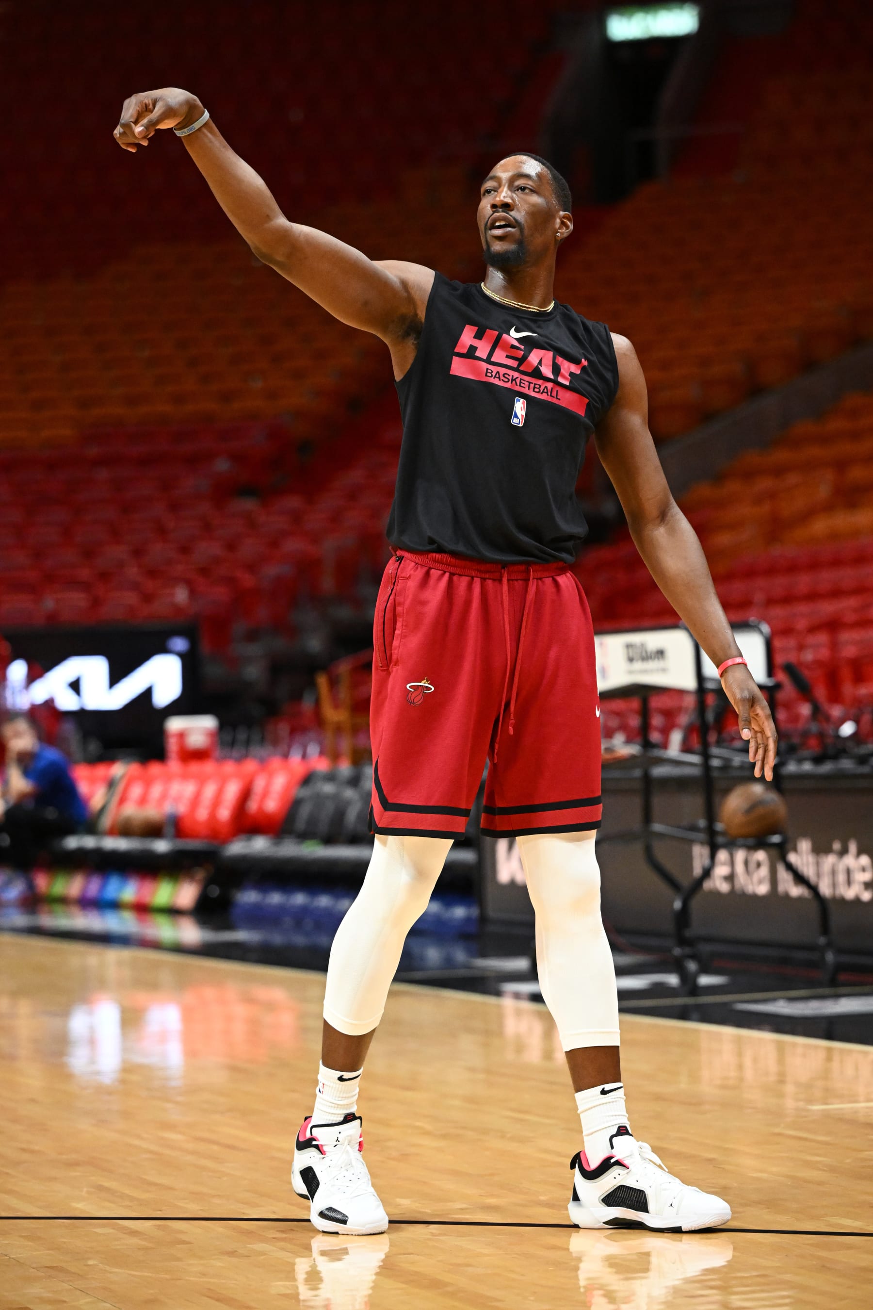 MIAMI, FL - JANUARY 8: Bam Adebayo #13 of the Miami Heat warms up before the game against the Brooklyn Nets on January 8, 2023 at FTX Arena in Miami, Florida. NOTE TO USER: User expressly acknowledges and agrees that, by downloading and or using this Photograph, user is consenting to the terms and conditions of the Getty Images License Agreement. Mandatory Copyright Notice: Copyright 2023 NBAE (Photo by David Dow/NBAE via Getty Images)