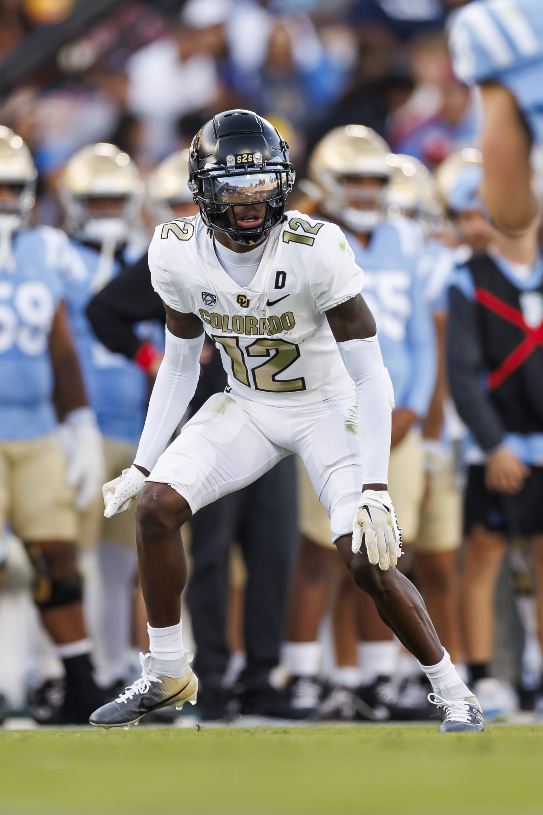 PASADENA, CALIFORNIA - OCTOBER 28: Travis Hunter #12 of the Colorado Buffaloes defends in coverage during the first half of a game against the UCLA Bruins at Rose Bowl Stadium on October 28, 2023 in Pasadena, California. (Photo by Ryan Kang/Getty Images)
