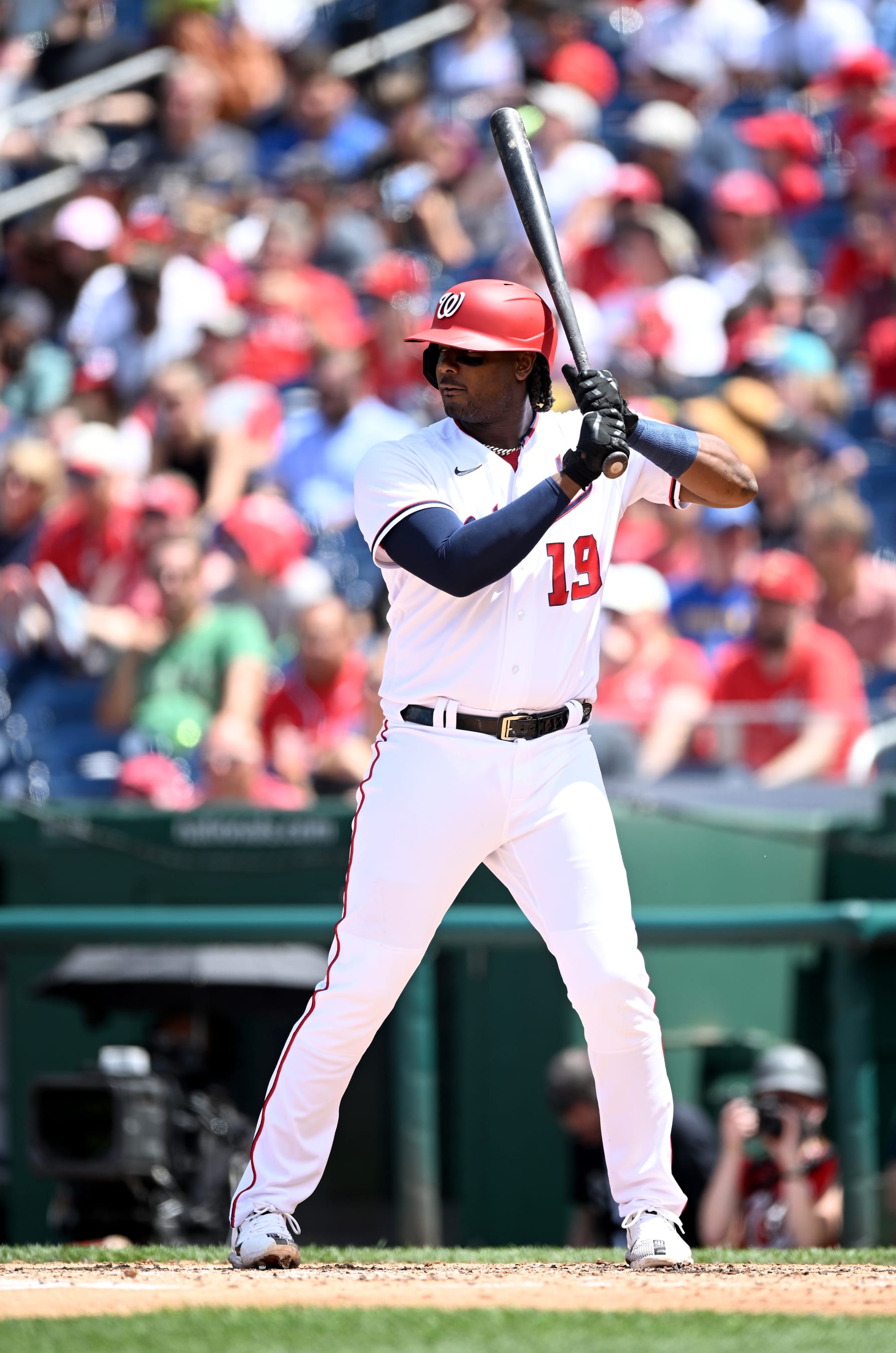 WASHINGTON, DC - JUNE 12: Josh Bell #19 of the Washington Nationals bats against the Milwaukee Brewers at Nationals Park on June 12, 2022 in Washington, DC. (Photo by G Fiume/Getty Images)