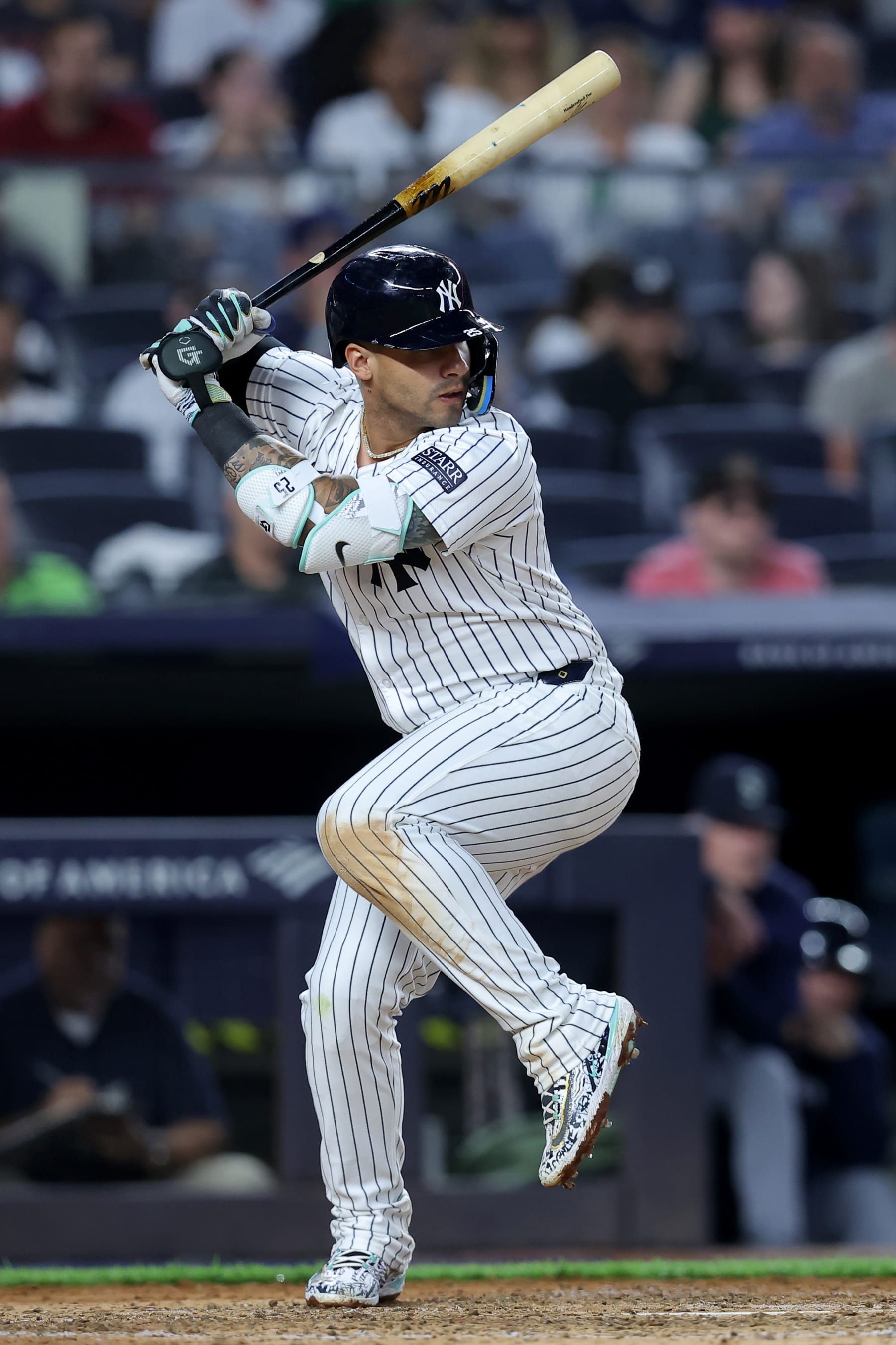 NEW YORK, NEW YORK - MAY 21: Gleyber Torres #25 of the New York Yankees in action against the Seattle Mariners at Yankee Stadium on May 21, 2024 in the Bronx borough of New York City. (Photo by Brad Penner/Getty Images)