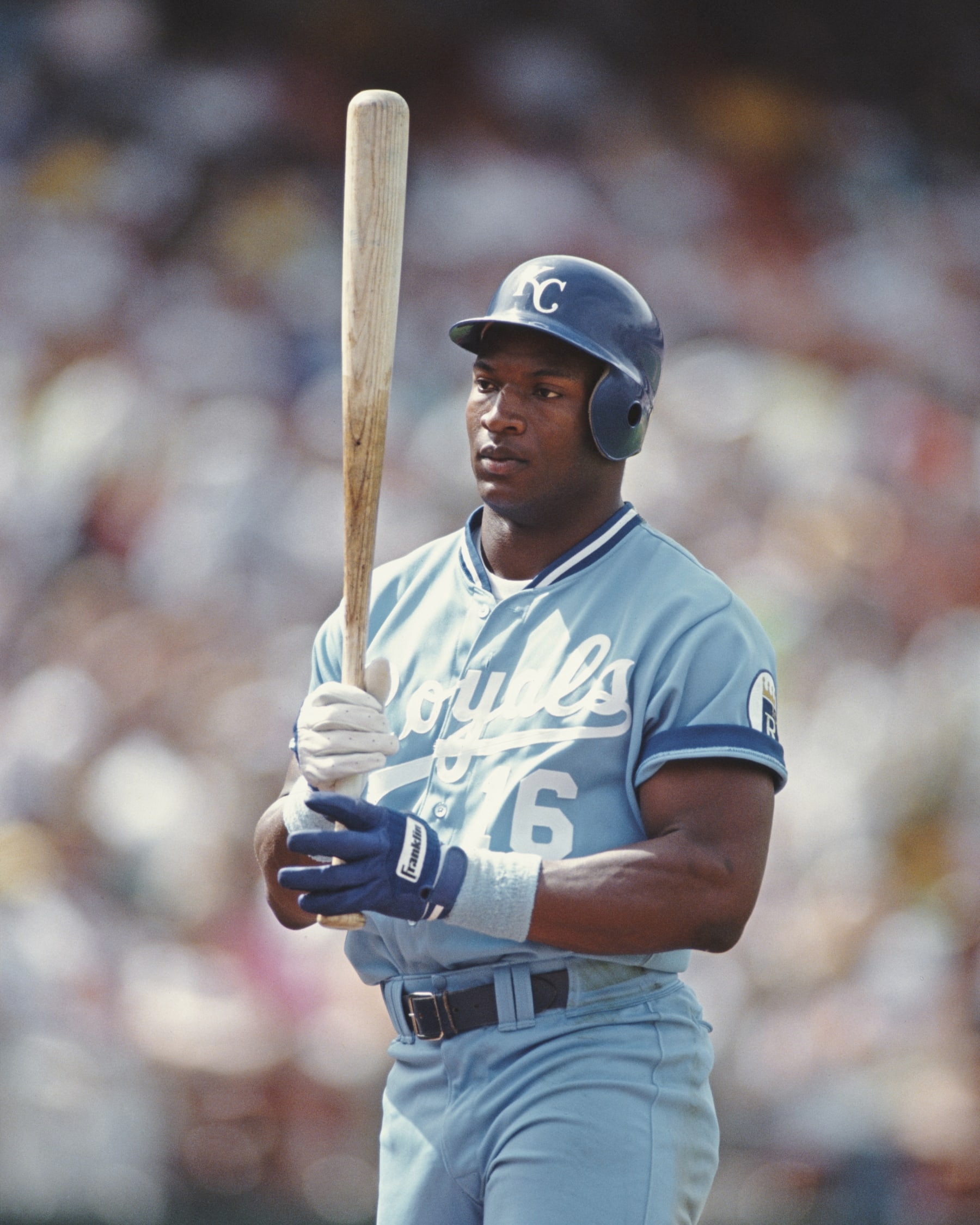 Bo Jackson #16,at bat for the Kansas City Royals during the Major League Baseball American League West game against the Oakland Athletics on 9 June 1990 at  Oakland-Alameda County Coliseum, California, United States. The Athletics won the game 5 -0. (Photo by Otto Greule Jr/Allsport/Getty Images)