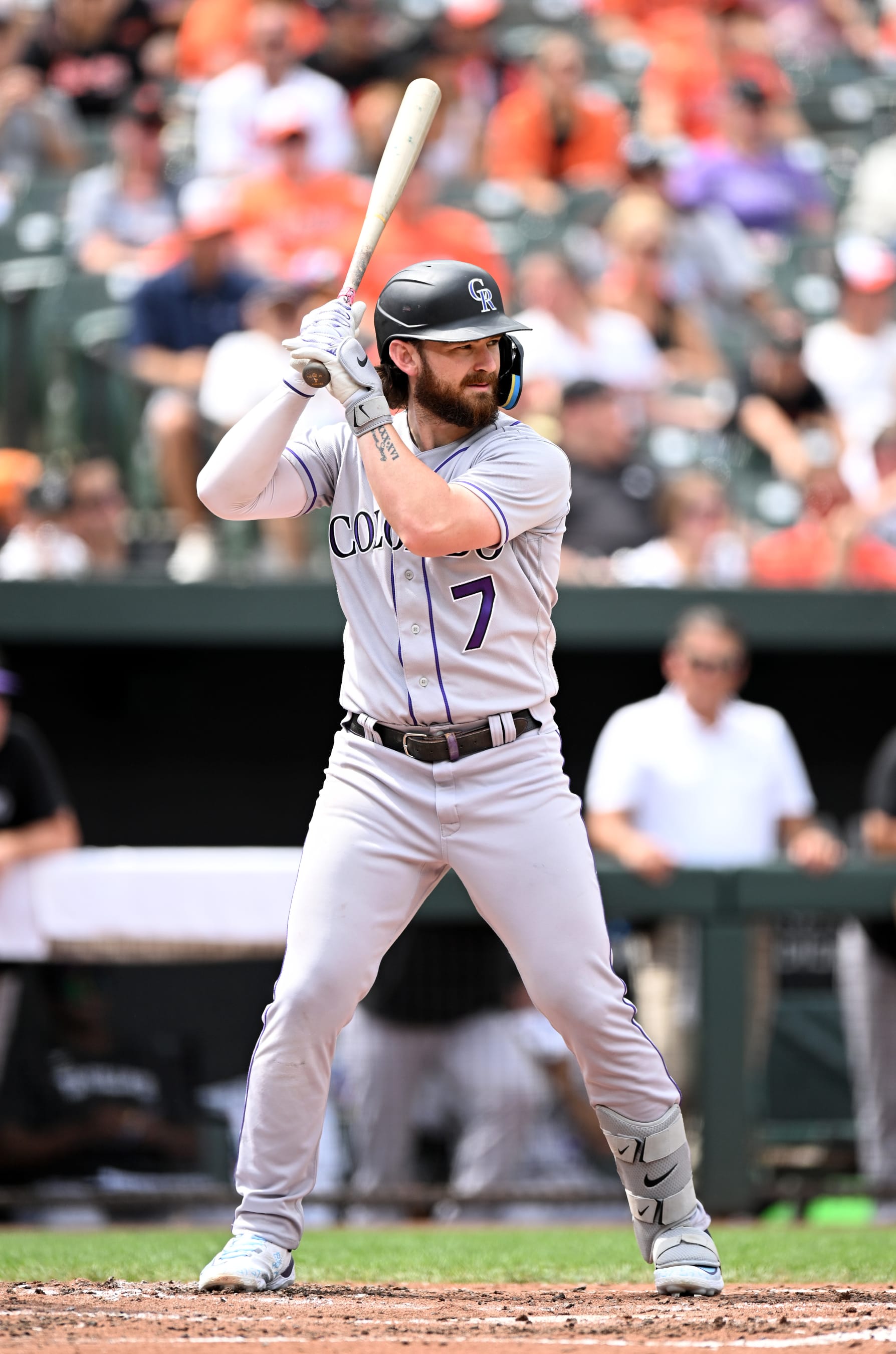 BALTIMORE, MARYLAND - AUGUST 27: Brendan Rodgers #7 of the Colorado Rockies bats against the Baltimore Orioles at Oriole Park at Camden Yards on August 27, 2023 in Baltimore, Maryland. (Photo by G Fiume/Getty Images)