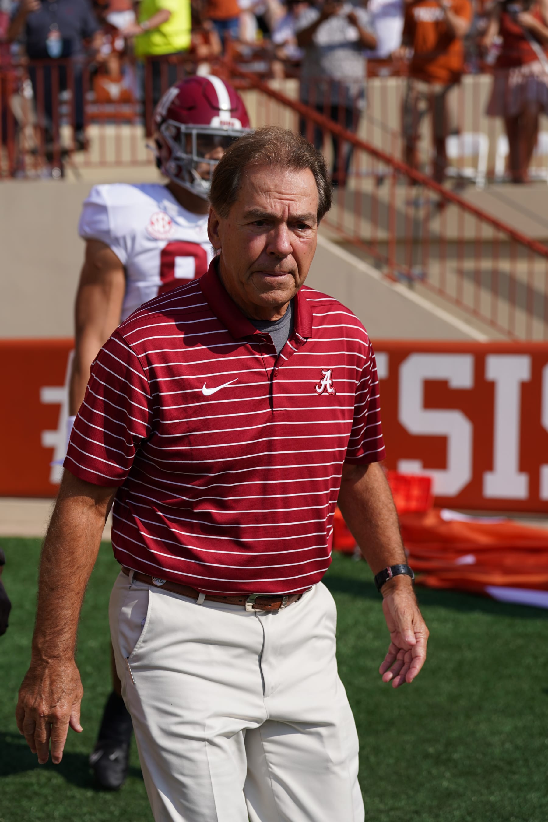 AUSTIN, TX - SEPTEMBER 10: Alabama Crimson Tide head coach Nick Saban enters the field before the game between the Alabama Crimson Tide and the Texas Longhorns on September 10, 2022, at Darrell K Royal-Texas Memorial Stadium in Austin, Texas.  (Photo by Daniel Dunn/Icon Sportswire via Getty Images)