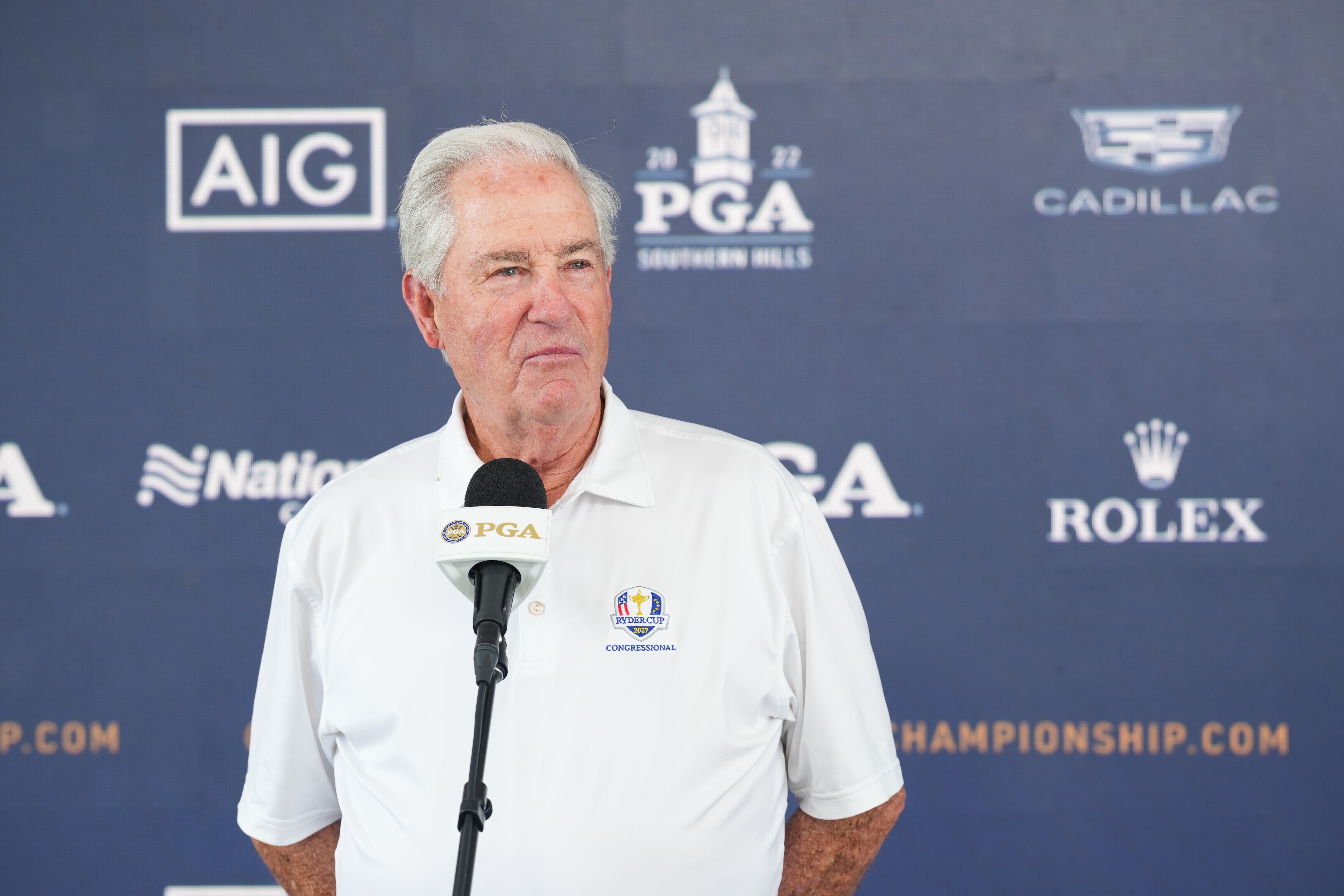 TULSA, OK - MAY 18: Dave Stockton speaks at the Contestant Interview Area during a practice round for the 2022 PGA Championship at the Southern Hills on May 18, 2022 in Tulsa, Oklahoma. (Photo by Darren Carroll/PGA of America)