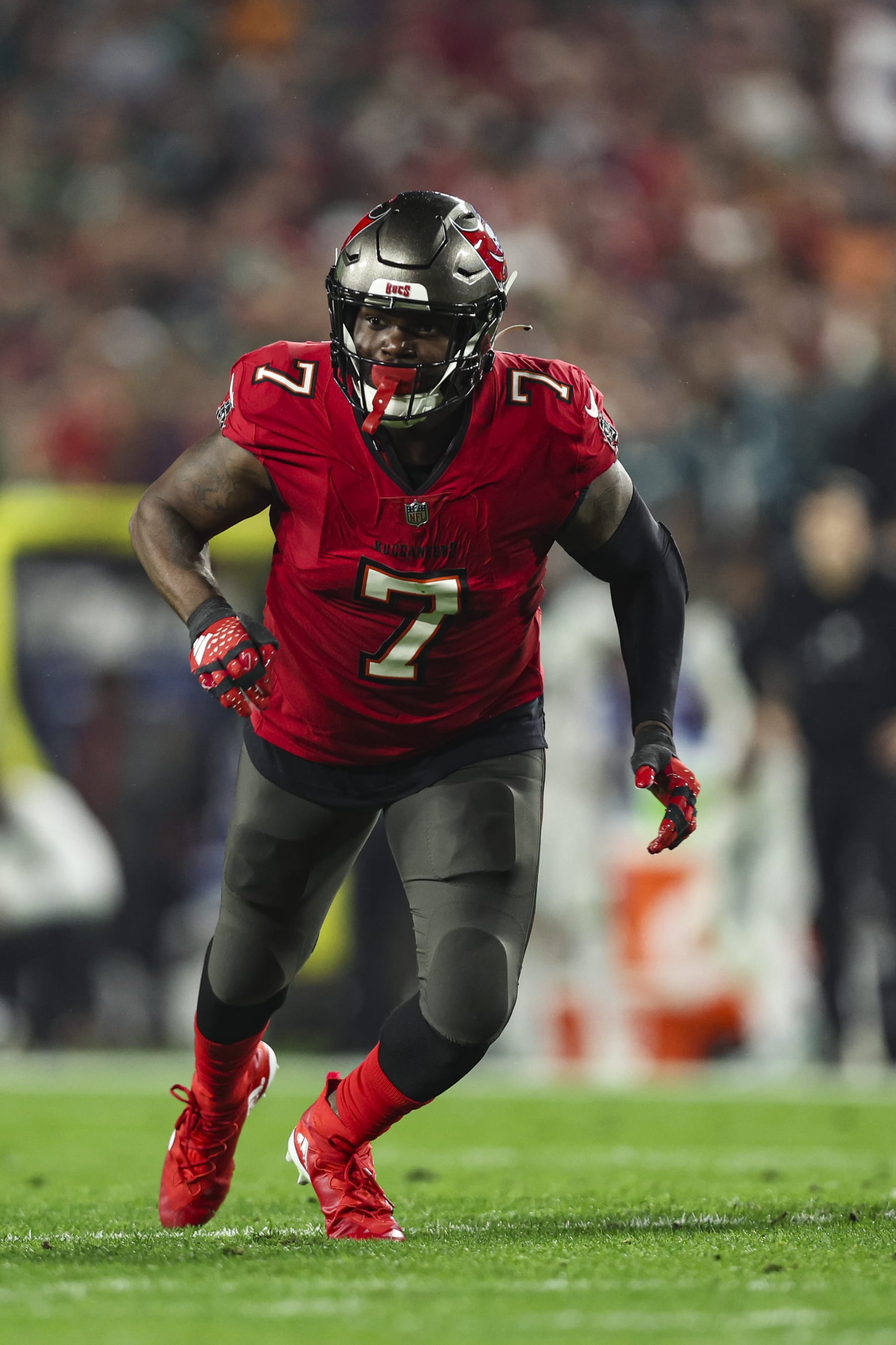 TAMPA, FL - JANUARY 15: Shaquil Barrett #7 of the Tampa Bay Buccaneers rushes the passer during an NFL Wild Card playoff football game against the Philadelphia Eagles at Raymond James Stadium on January 15, 2024 in Tampa, Florida. (Photo by Perry Knotts/Getty Images) TAMPA, FL - JANUARY 15: Shaquil Barrett #7 of the Tampa Bay Buccaneers rushes the passer during an NFL Wild Card playoff football game against the Philadelphia Eagles at Raymond James Stadium on January 15, 2024 in Tampa, Florida. (Photo by Perry Knotts/Getty Images)