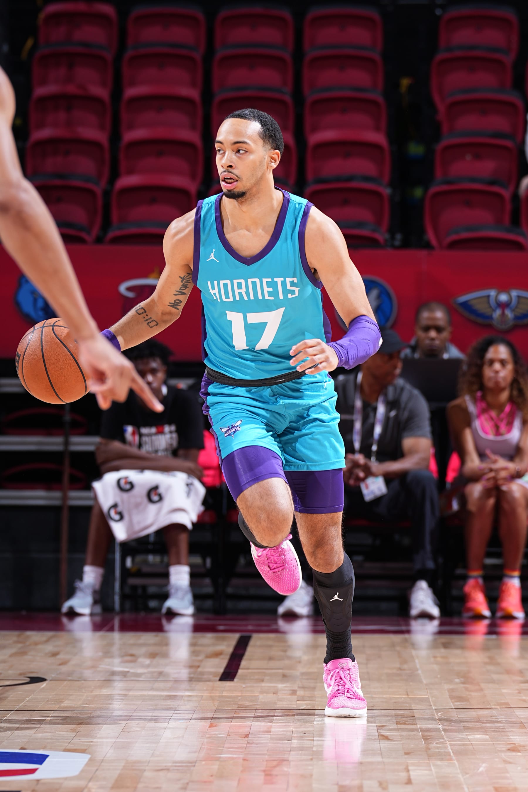 LAS VEGAS, NV - JULY 15: Amari Bailey #17 of the Charlotte Hornets dribbles the ball during the game against the Minnesota Timberwolves during the 2023 NBA Las Vegas Summer League on July 15, 2023 at the Thomas & Mack Center in Las Vegas, Nevada. NOTE TO USER: User expressly acknowledges and agrees that, by downloading and/or using this Photograph, user is consenting to the terms and conditions of the Getty Images License Agreement. Mandatory Copyright Notice: Copyright 2023 NBAE (Photo by Garrett Ellwood/NBAE via Getty Images)