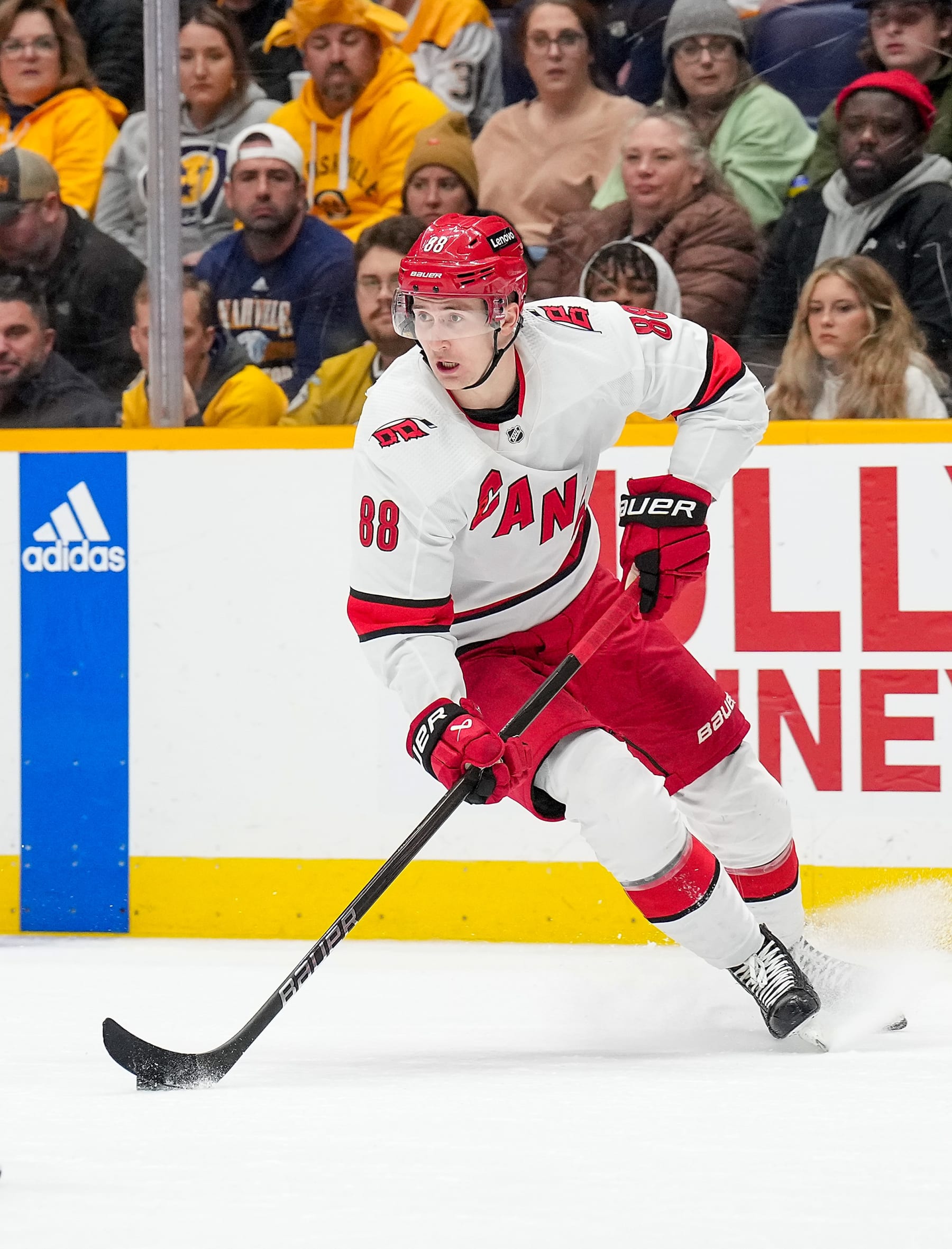 NASHVILLE, TENNESSEE - DECEMBER 27: Martin Necas #88 of the Carolina Hurricanes skates against the Nashville Predators during an NHL game at Bridgestone Arena on December 27, 2023 in Nashville, Tennessee. (Photo by John Russell/NHLI via Getty Images) NASHVILLE, TENNESSEE - DECEMBER 27: Martin Necas #88 of the Carolina Hurricanes skates against the Nashville Predators during an NHL game at Bridgestone Arena on December 27, 2023 in Nashville, Tennessee. (Photo by John Russell/NHLI via Getty Images)