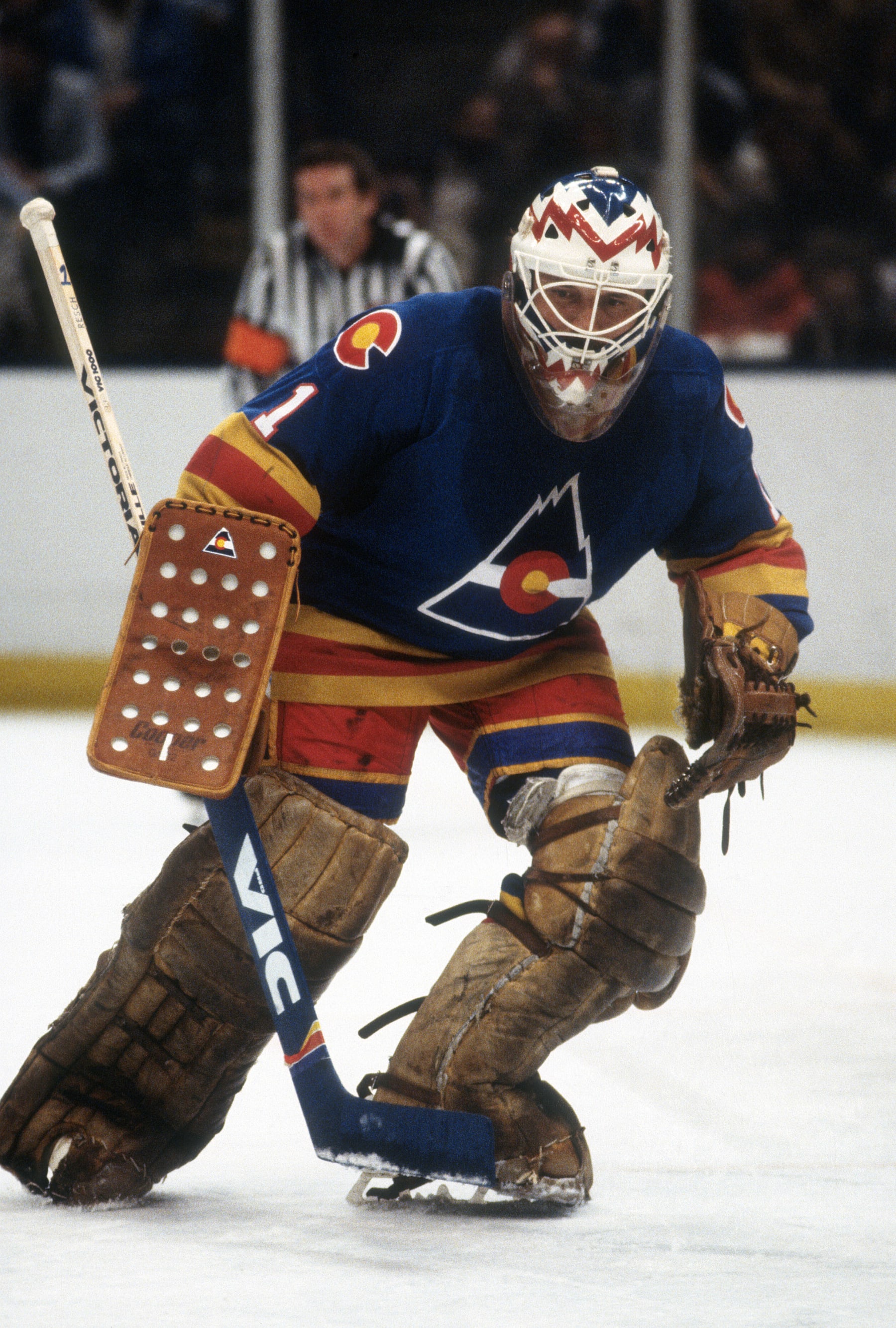 UNIONDALE, NY - CIRCA 1982: Chico Resch #1 of the Colorado Rockies defends his goal against the New York Islanders during an NHL Hockey game circa 1982 at the Nassau Veterans Memorial Coliseum in Uniondale, New York. Resch playing career went from 1971-87. (Photo by Focus on Sport/Getty Images)