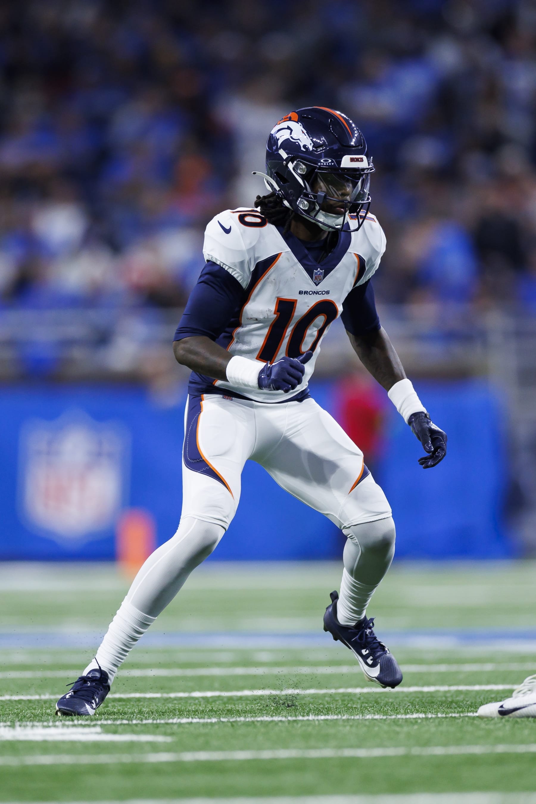 DETROIT, MICHIGAN - DECEMBER 16: Jerry Jeudy #10 of the Denver Broncos runs a route during an NFL football game against the Detroit Lions at Ford Field on December 16, 2023 in Detroit, Michigan. (Photo by Ryan Kang/Getty Images)