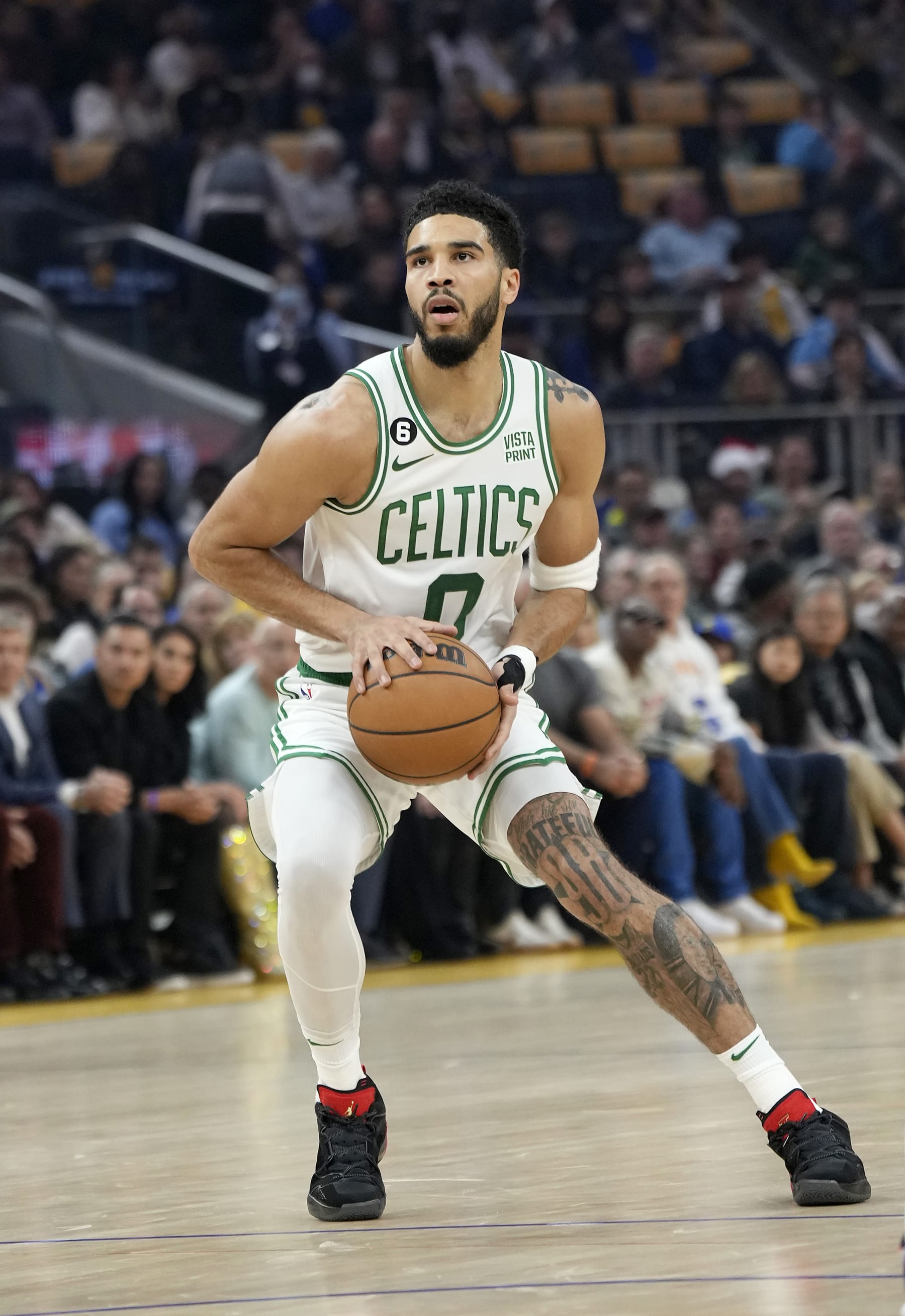 SAN FRANCISCO, CALIFORNIA - DECEMBER 10: Jayson Tatum #0 of the Boston Celtics looks to shoot against the Golden State Warriors during the first quarter of an NBA basketball game at Chase Center on December 10, 2022 in San Francisco, California. NOTE TO USER: User expressly acknowledges and agrees that, by downloading and or using this photograph, User is consenting to the terms and conditions of the Getty Images License Agreement. (Photo by Thearon W. Henderson/Getty Images)