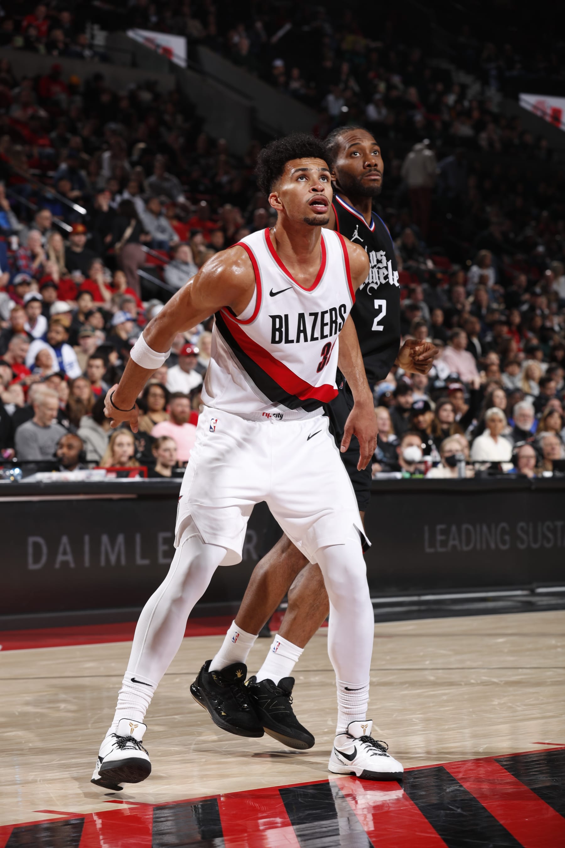 PORTLAND, OR - MARCH 22:  Toumani Camara #33 of the Portland Trail Blazers boxes out during the game  on March 22, 2024 at the Moda Center Arena in Portland, Oregon. NOTE TO USER: User expressly acknowledges and agrees that, by downloading and or using this photograph, user is consenting to the terms and conditions of the Getty Images License Agreement. Mandatory Copyright Notice: Copyright 2024 NBAE (Photo by Cameron Browne/NBAE via Getty Images)
