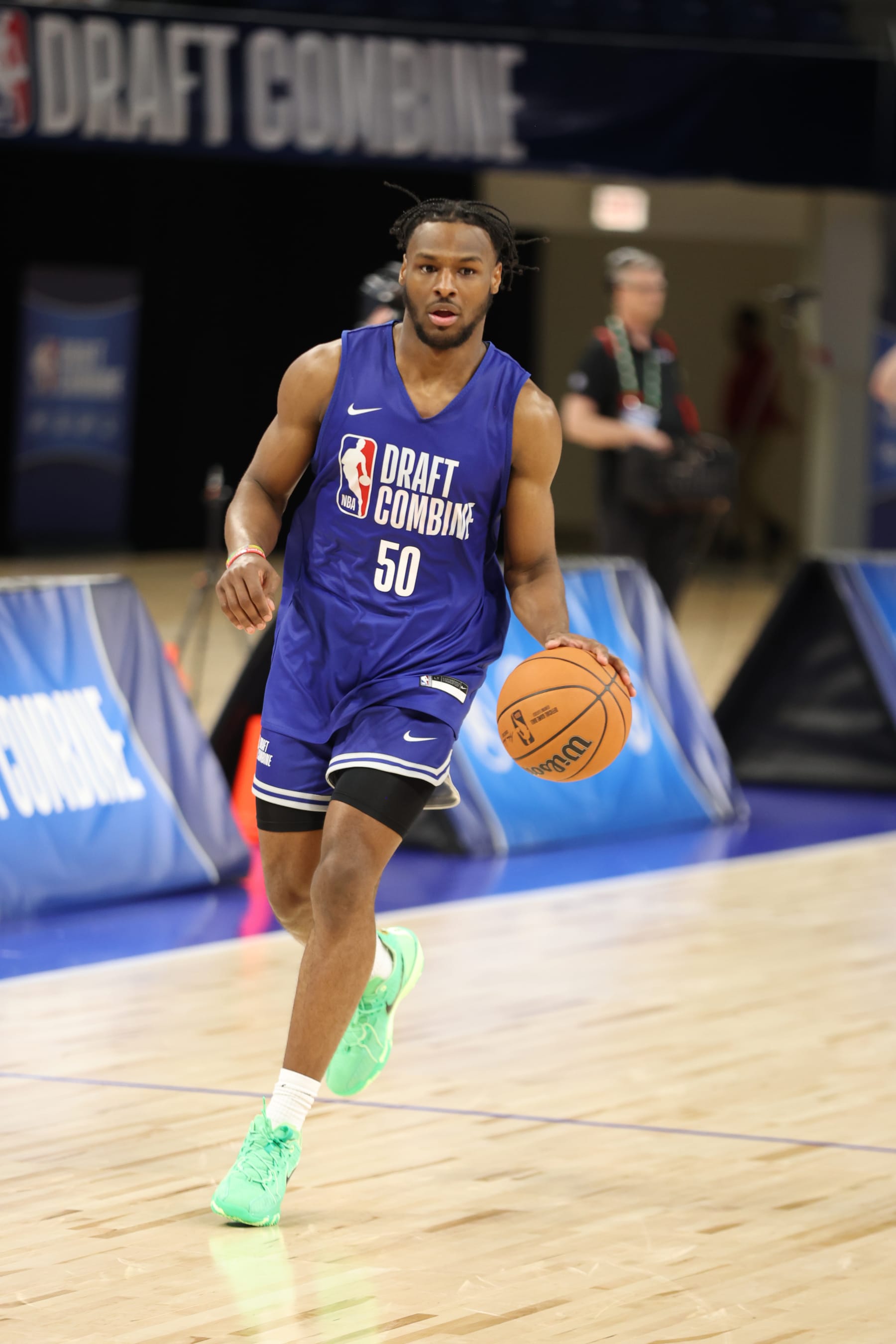 CHICAGO, IL - MAY 13: Bronny James dribbles the ball during the 2024 NBA Combine on May 13, 2024 at Wintrust Arena in Chicago, Illinois. NOTE TO USER: User expressly acknowledges and agrees that, by downloading and or using this photograph, User is consenting to the terms and conditions of the Getty Images License Agreement. Mandatory Copyright Notice: Copyright 2024 NBAE (Photo by Jeff Haynes/NBAE via Getty Images)