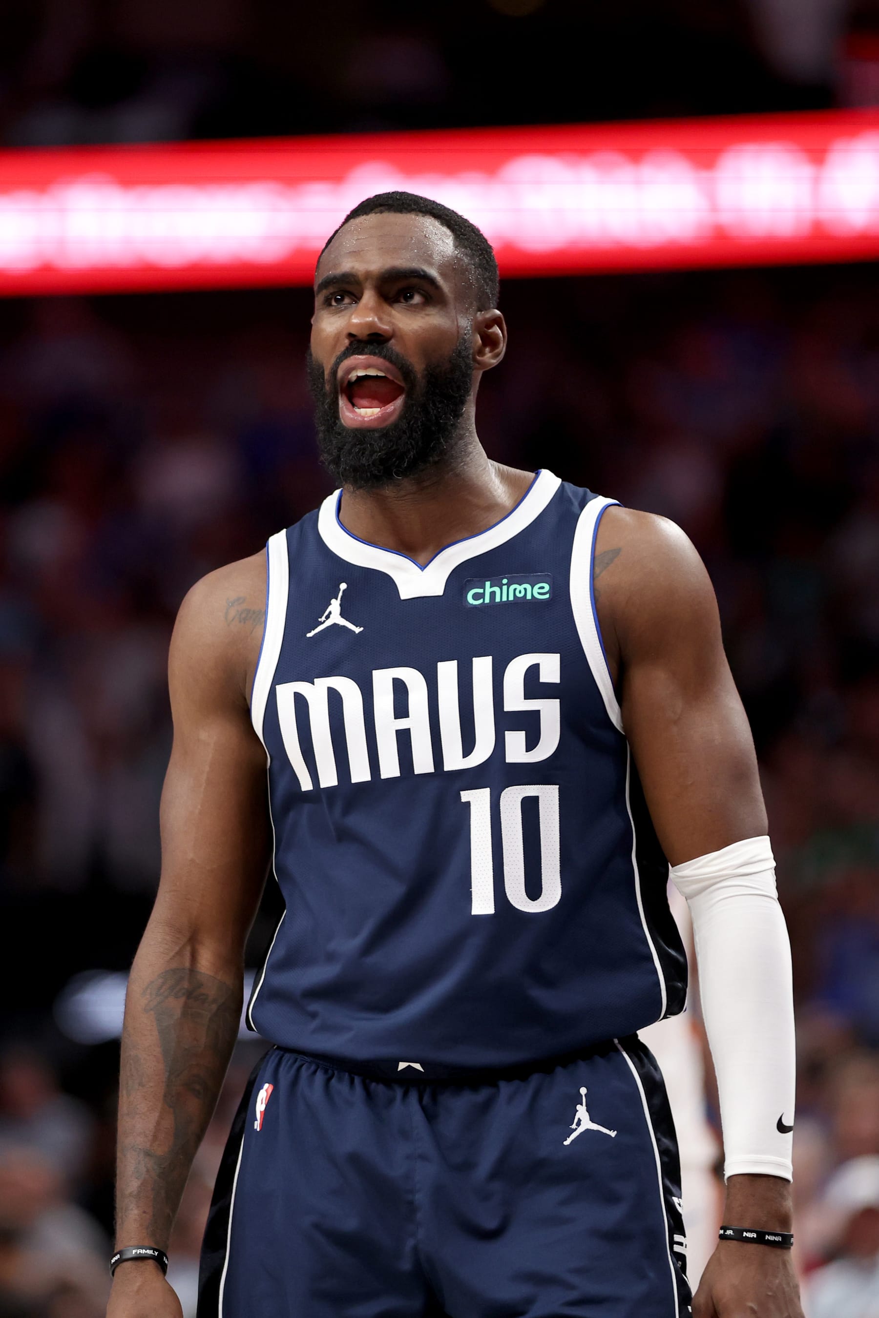 DALLAS, TEXAS - MAY 13: Tim Hardaway Jr. #10 of the Dallas Mavericks reacts after a basket against the Oklahoma City Thunder in Game Four of the Western Conference Second Round Playoffs at American Airlines Center on May 11, 2024 in Dallas, Texas. NOTE TO USER: User expressly acknowledges and agrees that, by downloading and or using this photograph, User is consenting to the terms and conditions of the Getty Images License Agreement. (Photo by Tim Heitman/Getty Images)