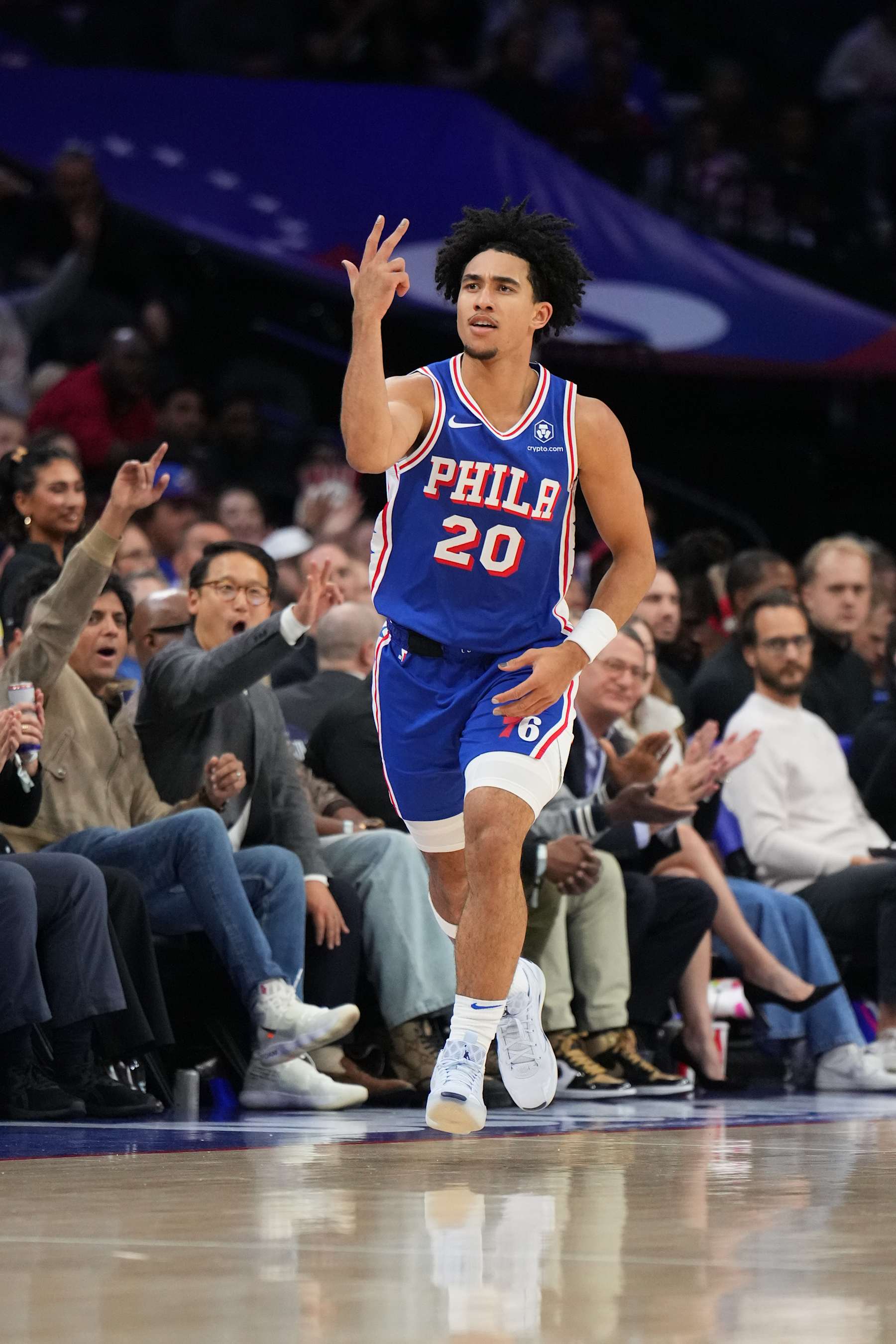 PHILADELPHIA, PA - NOVEMBER 13: Jared McCain #20 of the Philadelphia 76ers celebrates during the game against the Cleveland Cavaliers on November 13, 2024 at the Wells Fargo Center in Philadelphia, Pennsylvania NOTE TO USER: User expressly acknowledges and agrees that, by downloading and/or using this Photograph, user is consenting to the terms and conditions of the Getty Images License Agreement. Mandatory Copyright Notice: Copyright 2024 NBAE (Photo by Jesse D. Garrabrant/NBAE via Getty Images)