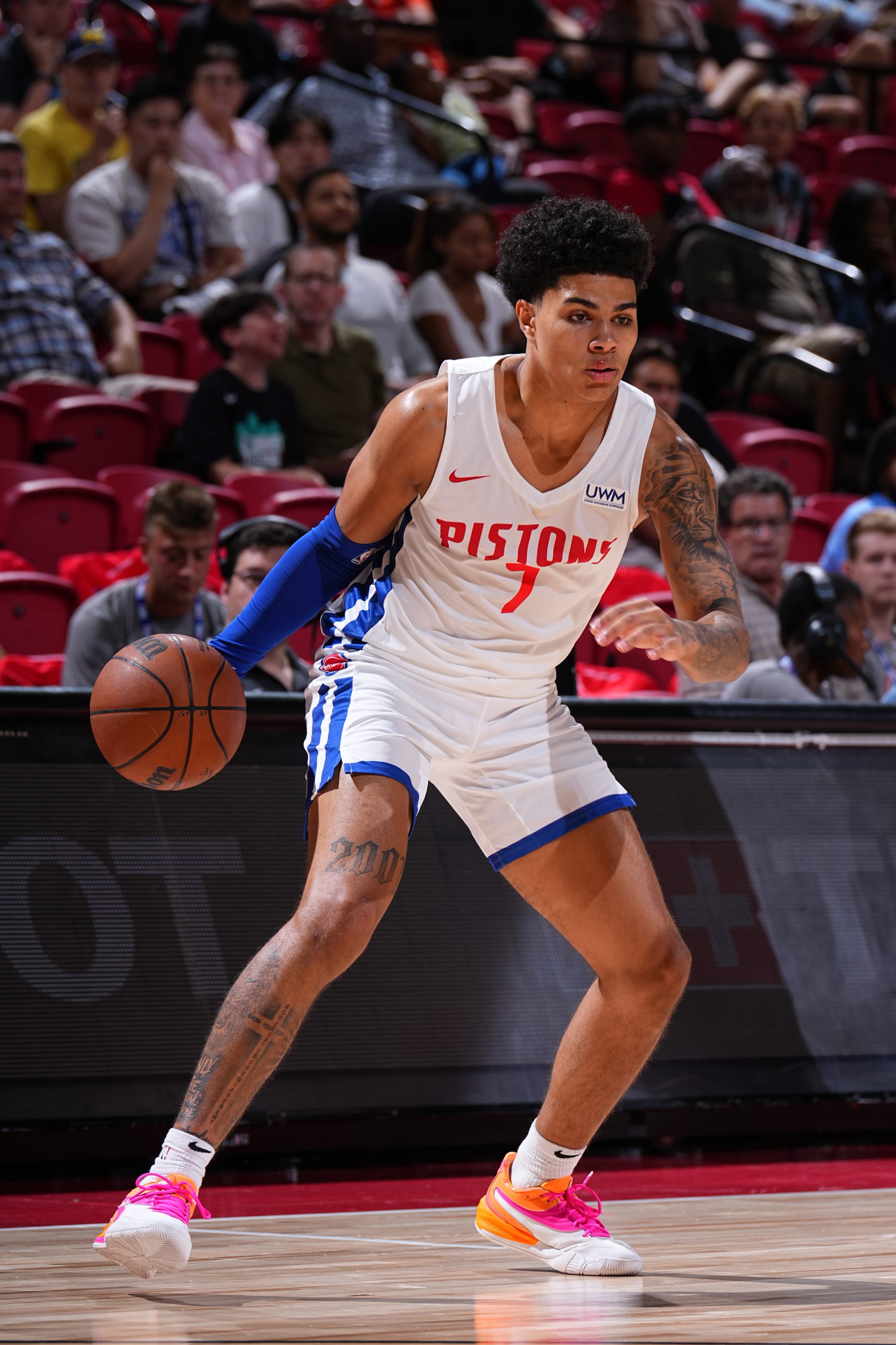 LAS VEGAS, NV - JULY 7: Killian Hayes #7 of the Detroit Pistons dribbles the ball against the Portland Trail Blazers during the 2022 Las Vegas Summer League on July 7, 2022 at the Thomas & Mack Center in Las Vegas, Nevada. NOTE TO USER: User expressly acknowledges and agrees that, by downloading and/or using this Photograph, user is consenting to the terms and conditions of the Getty Images License Agreement. Mandatory Copyright Notice: Copyright 2022 NBAE (Photo by Garrett Ellwood/NBAE via Getty Images)