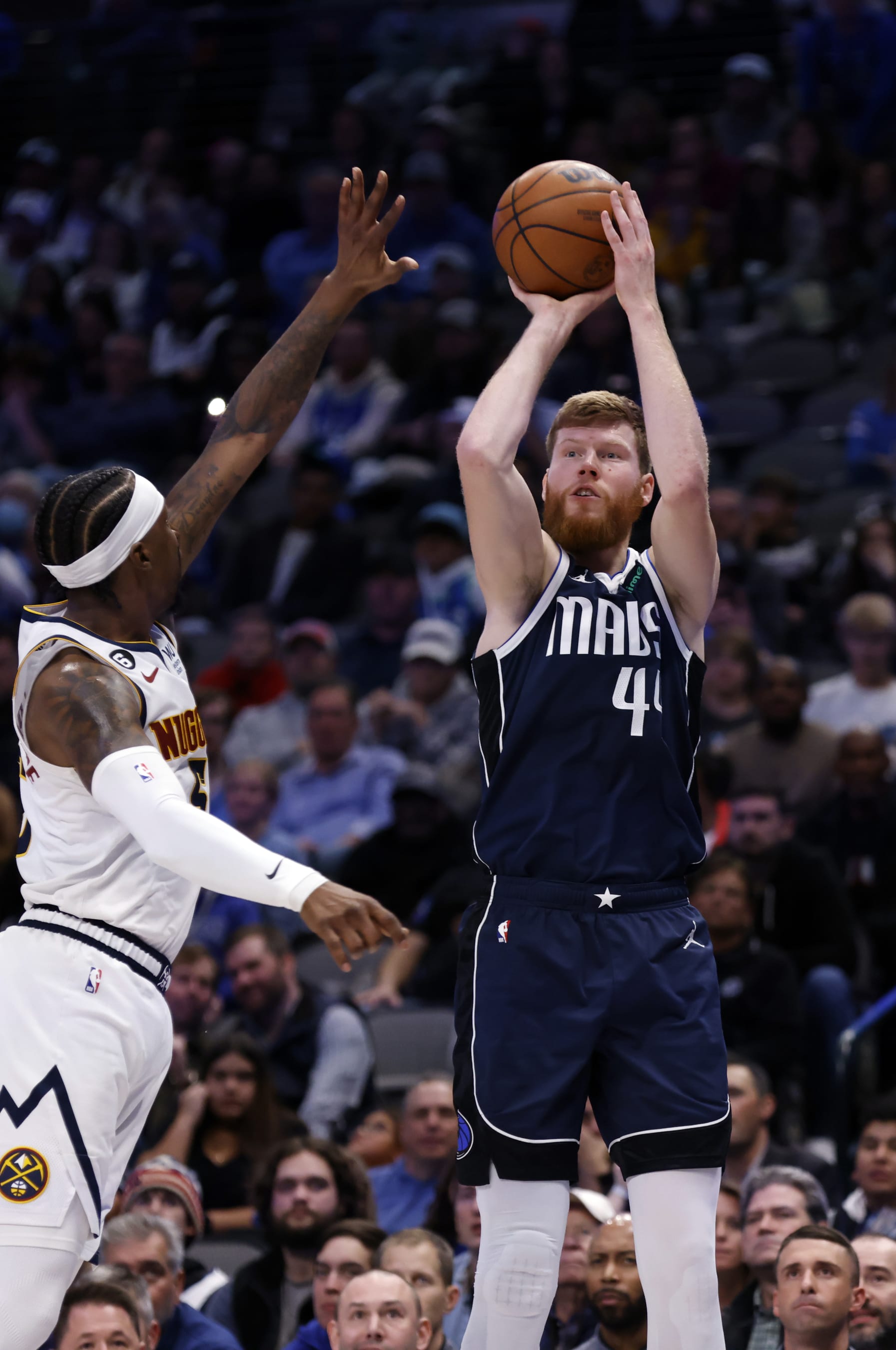 DALLAS, TX - NOVEMBER 20: Davis Bertans #44 of the Dallas Mavericks shoots the ball against the Denver Nuggets in the second half at American Airlines Center on November 20, 2022 in Dallas, Texas. The Nuggets won 98-97. NOTE TO USER: User expressly acknowledges and agrees that, by downloading and or using this photograph, User is consenting to the terms and conditions of the Getty Images License Agreement. (Photo by Ron Jenkins/Getty Images)