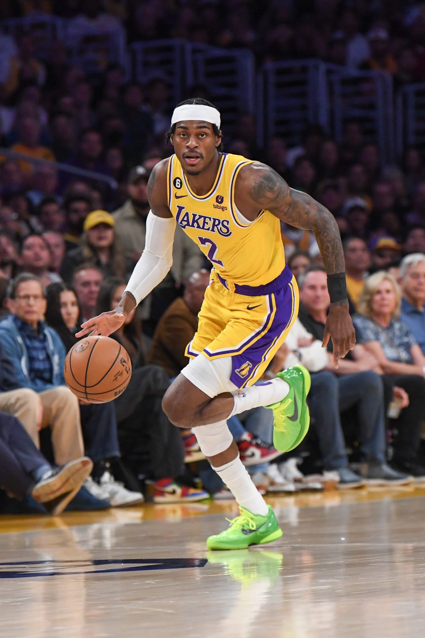 LOS ANGELES, CA - MAY 8:  Jarred Vanderbilt #2 of the Los Angeles Lakers goes to the basket during the game during  round two game four of the 2023 NBA Playoffs on May 8, 2023 at Chase Center in Los Angeles, California. NOTE TO USER: User expressly acknowledges and agrees that, by downloading and or using this photograph, user is consenting to the terms and conditions of Getty Images License Agreement. Mandatory Copyright Notice: Copyright 2023 NBAE (Photo by Noah Graham/NBAE via Getty Images)