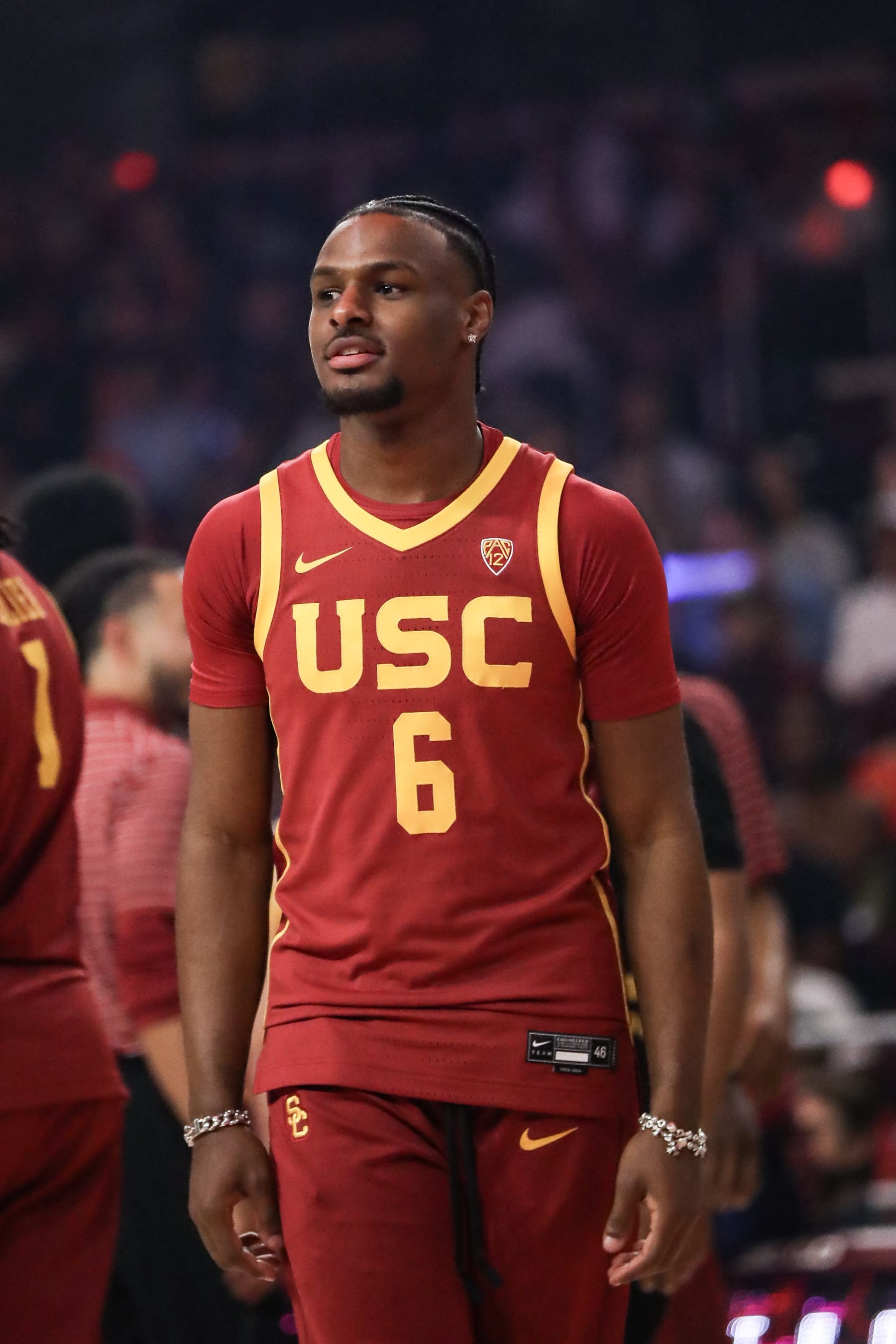 LOS ANGELES, CALIFORNIA - OCTOBER 19: Bronny James #6 of the USC Trojans looks on during the Trojan HoopLA event at Galen Center on October 19, 2023 in Los Angeles, California. (Photo by Meg Oliphant/Getty Images)