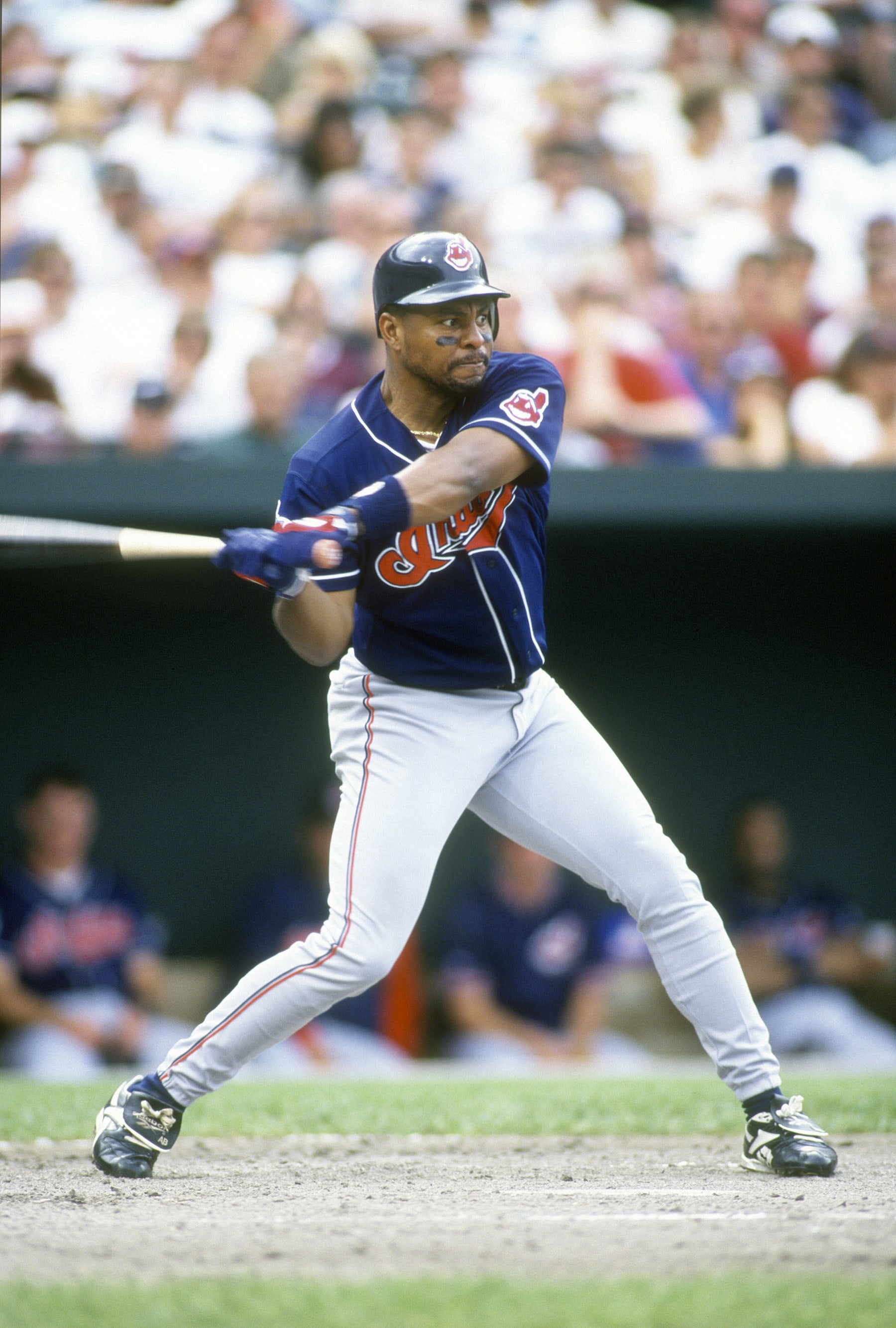BALTIMORE, MD - CIRCA 1996: Albert Belle #8 of the Cleveland Indians bats against the Baltimore Orioles during a Major League Baseball game circa 1996 at Orioles Park at Camden Yards in Baltimore, Maryland. Belle played for the Indians from 1989-96. (Photo by Focus on Sport/Getty Images)