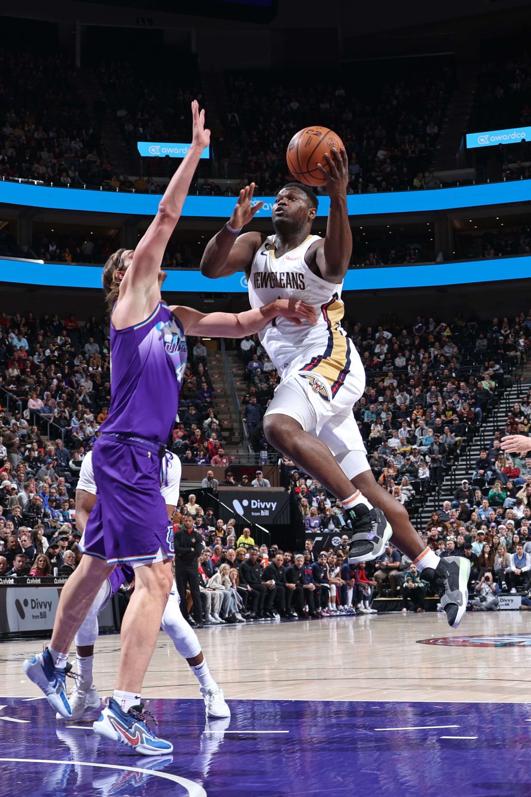 SALT LAKE CITY, UT - DECEMBER 15: Zion Williamson #1 of the New Orleans Pelicans goes to the basket against the Utah Jazz on DECEMBER 15, 2022 at vivint.SmartHome Arena in Salt Lake City, Utah. NOTE TO USER: User expressly acknowledges and agrees that, by downloading and or using this Photograph, User is consenting to the terms and conditions of the Getty Images License Agreement. Mandatory Copyright Notice: Copyright 2022 NBAE (Photo by Melissa Majchrzak/NBAE via Getty Images)