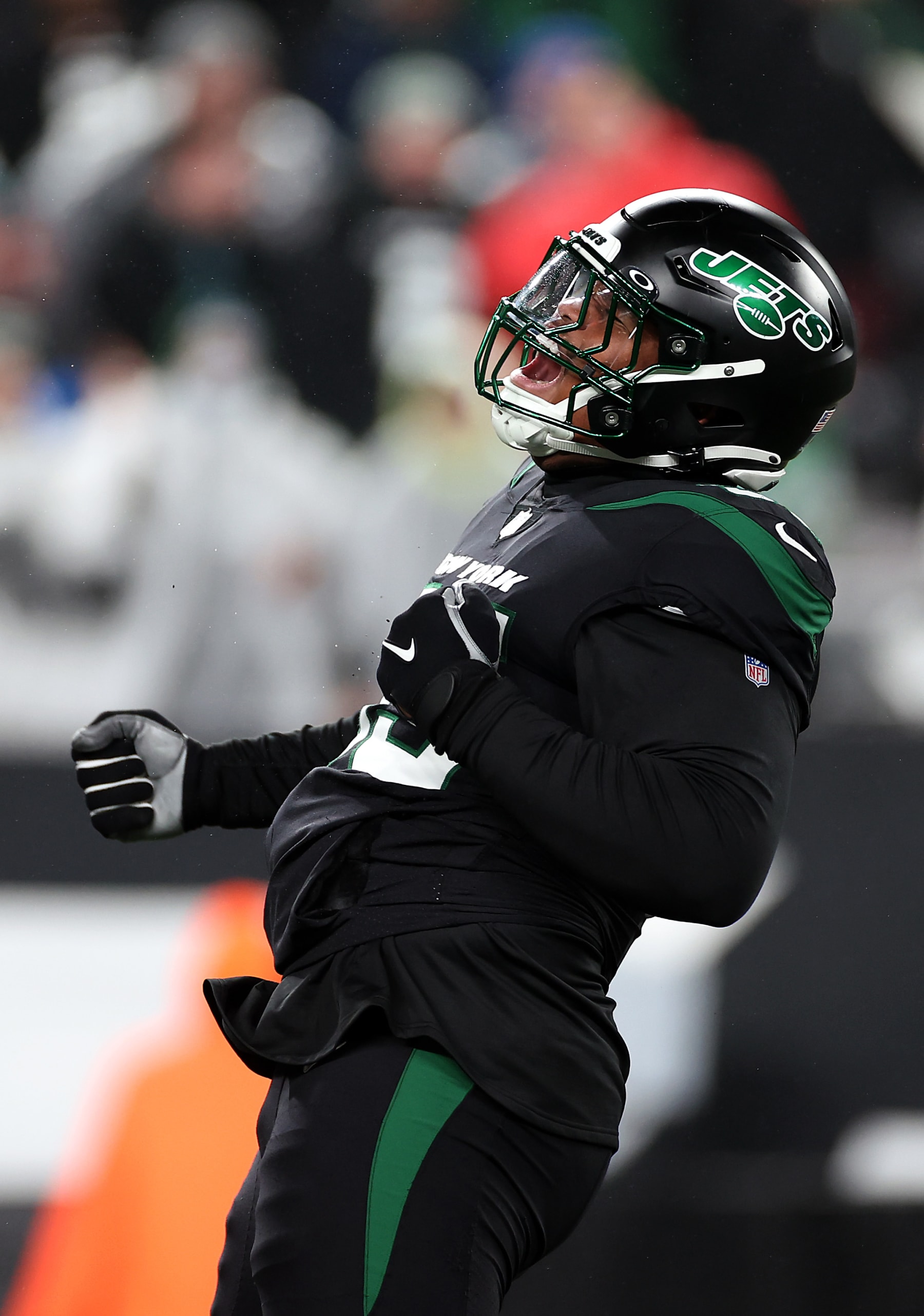 EAST RUTHERFORD, NEW JERSEY - DECEMBER 22:  Quinnen Williams #95 of the New York Jets celebrates after sacking quarterback Trevor Lawrence #16 of the Jacksonville Jaguars during the 1st quarter of the game at MetLife Stadium on December 22, 2022 in East Rutherford, New Jersey. (Photo by Sarah Stier/Getty Images)