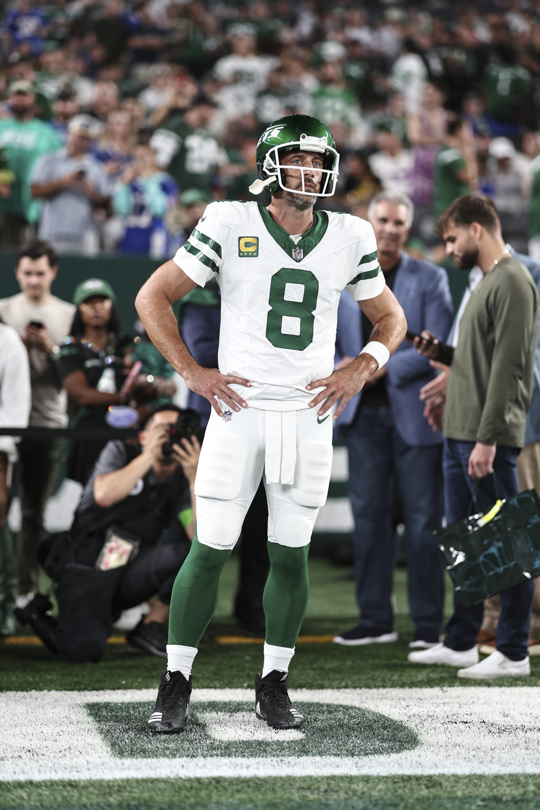 EAST RUTHERFORD, NEW JERSEY - SEPTEMBER 11: Aaron Rodgers #8 of the New York Jets looks on prior to a game against the Buffalo Bills at MetLife Stadium on September 11, 2023 in East Rutherford, New Jersey. (Photo by Michael Owens/Getty Images)