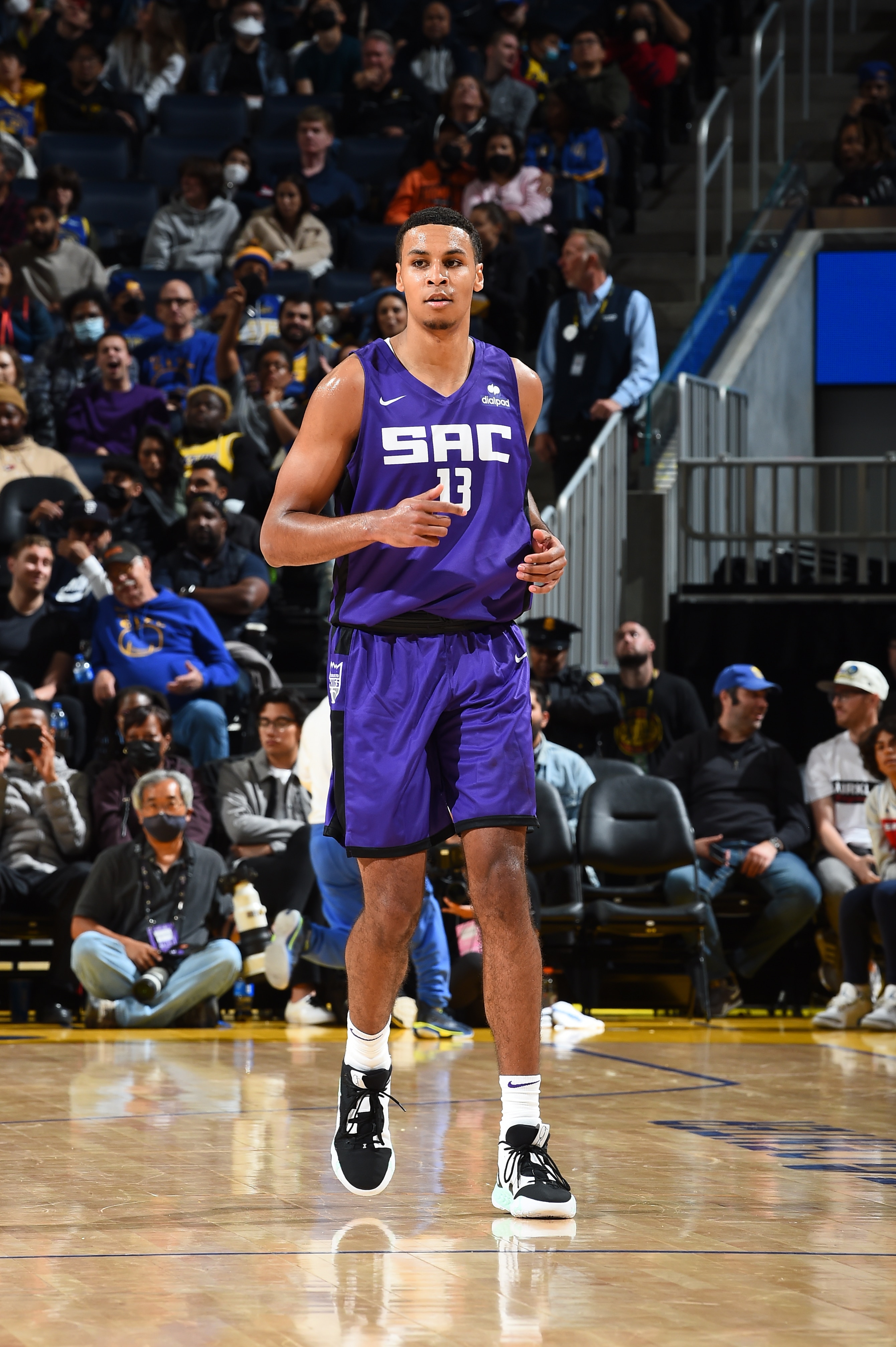 SAN FRANCISCO, CA - JULY 2: Keegan Murray #13 of the Sacramento Kings looks on during the game against the Golden State Warriors on July 2, 2022 at Chase Center in San Francisco, California. NOTE TO USER: User expressly acknowledges and agrees that, by downloading and or using this photograph, user is consenting to the terms and conditions of Getty Images License Agreement. Mandatory Copyright Notice: Copyright 2022 NBAE (Photo by Noah Graham/NBAE via Getty Images)