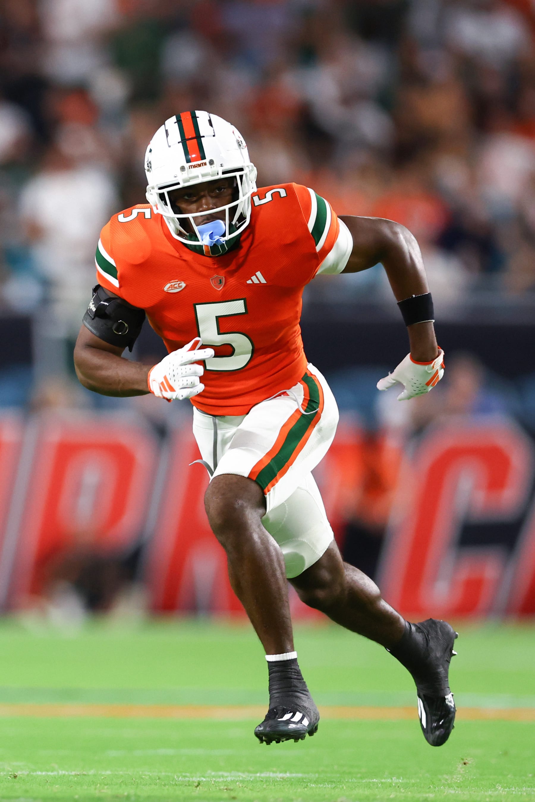 MIAMI GARDENS, FLORIDA - OCTOBER 21: Kamren Kinchens #5 of the Miami Hurricanes in action against the Clemson Tigers during the first half of the game at Hard Rock Stadium on October 21, 2023 in Miami Gardens, Florida. (Photo by Megan Briggs/Getty Images)