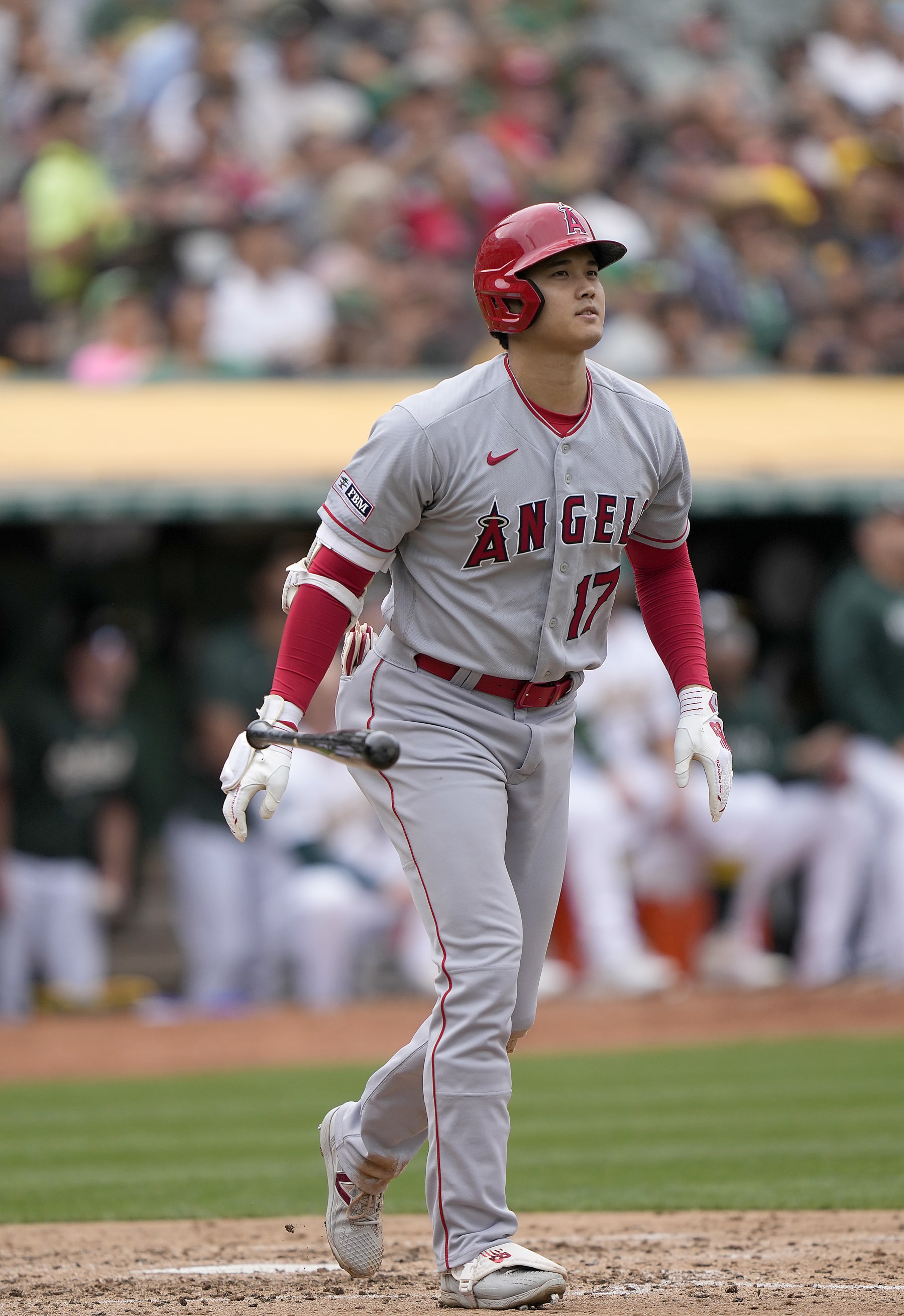 OAKLAND, CALIFORNIA - SEPTEMBER 02: Shohei Ohtani #17 of the Los Angeles Angels reacts dropping his bat after popping out to shortstop against the Oakland Athletics in the top of the seventh inning at RingCentral Coliseum on September 02, 2023 in Oakland, California. (Photo by Thearon W. Henderson/Getty Images)