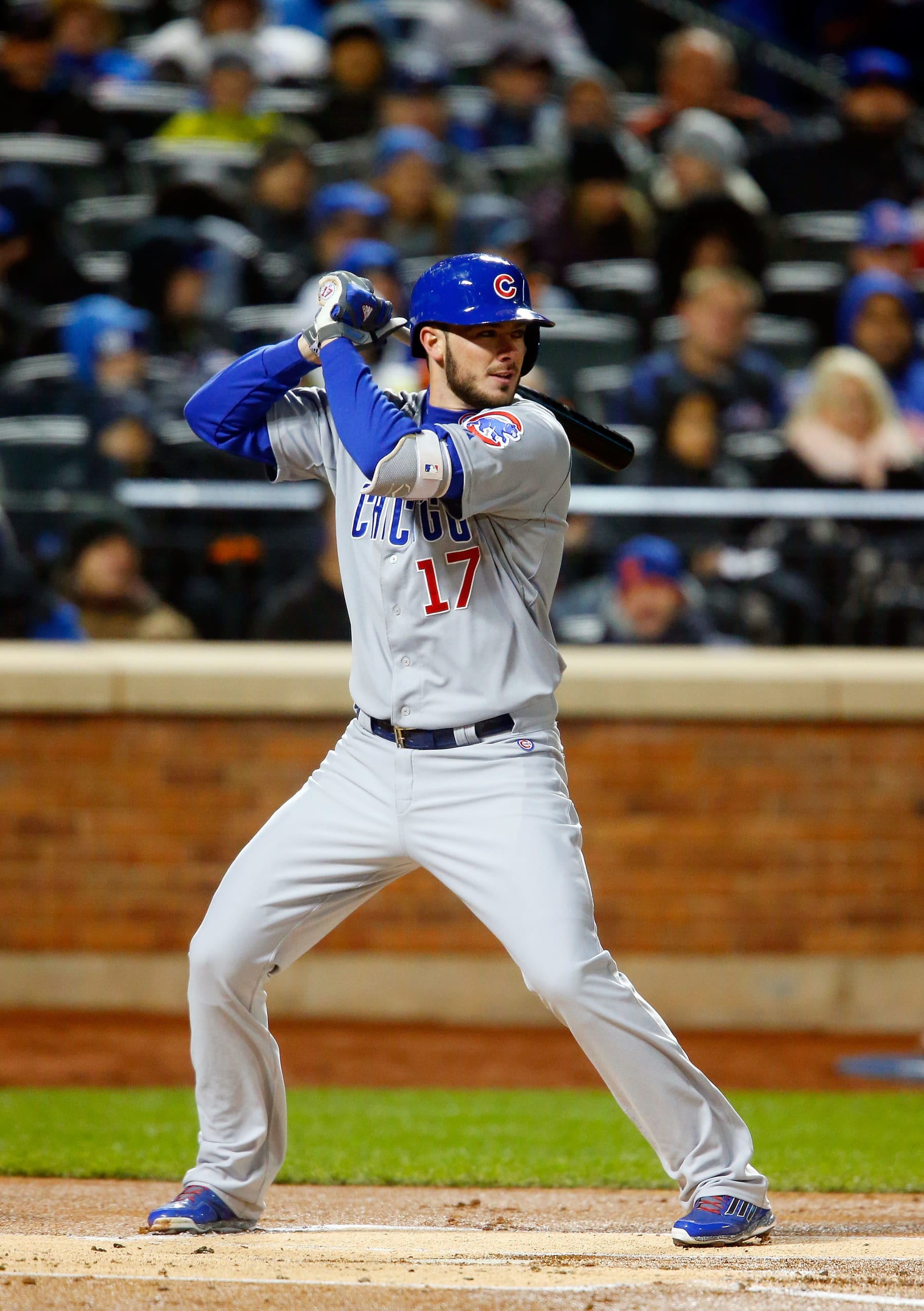 NEW YORK, NY - OCTOBER 18:  (NEW YORK DAILIES OUT)    Kris Bryant #17 of the Chicago Cubs in action against the New York Mets during game two of the 2015 MLB National League Championship Series at Citi Field on October 18, 2015 in the Flushing neighborhood of the Queens borough of New York City. The Mets defeated the Cubs 4-1.  (Photo by Jim McIsaac/Getty Images)