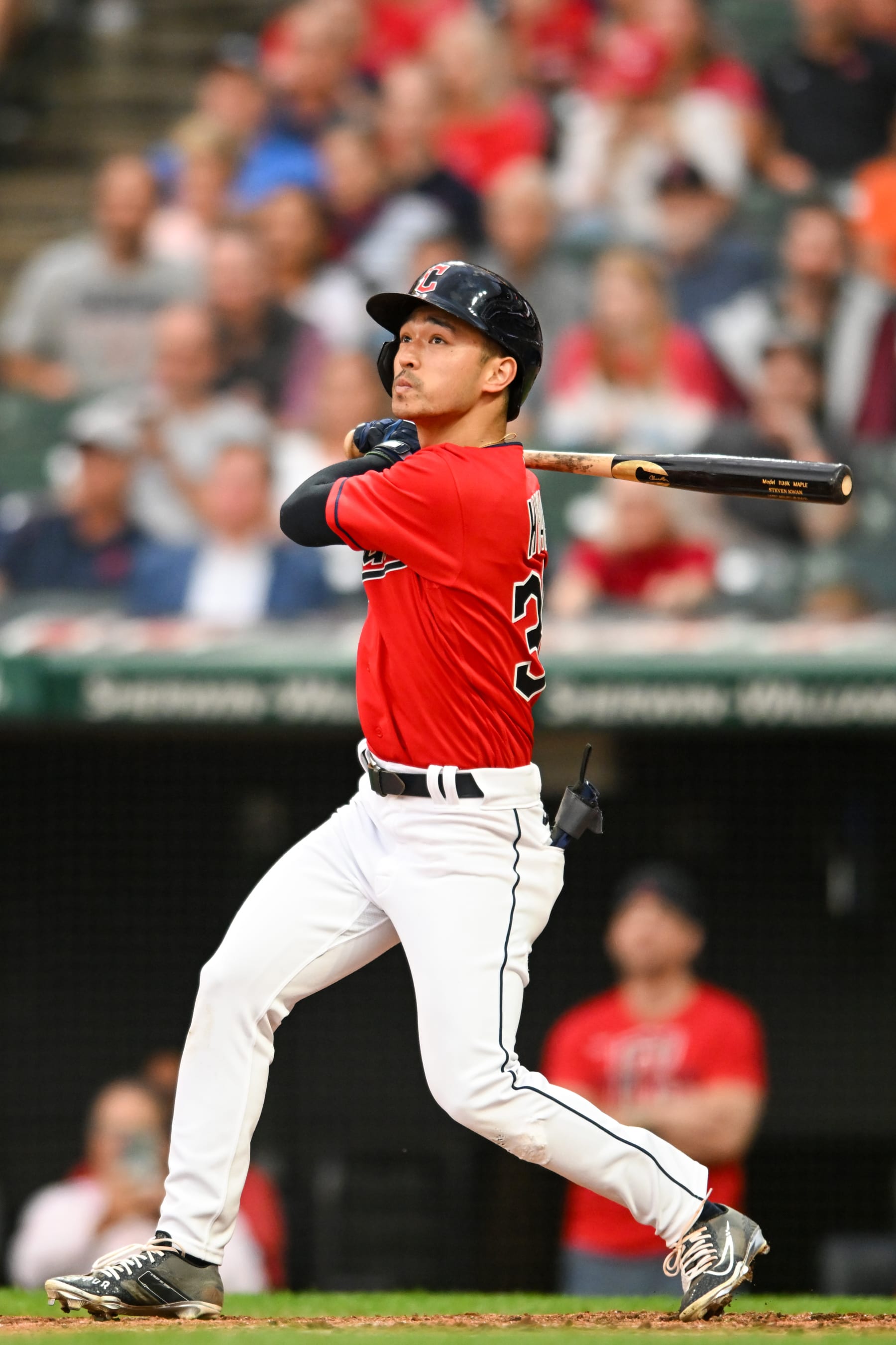 CLEVELAND, OH - AUGUST 30: Steven Kwan #38 of the Cleveland Guardians hits a two-run double during the fifth inning against the Baltimore Orioles at Progressive Field on August 30, 2022 in Cleveland, Ohio. (Photo by Nick Cammett/Diamond Images via Getty Images)