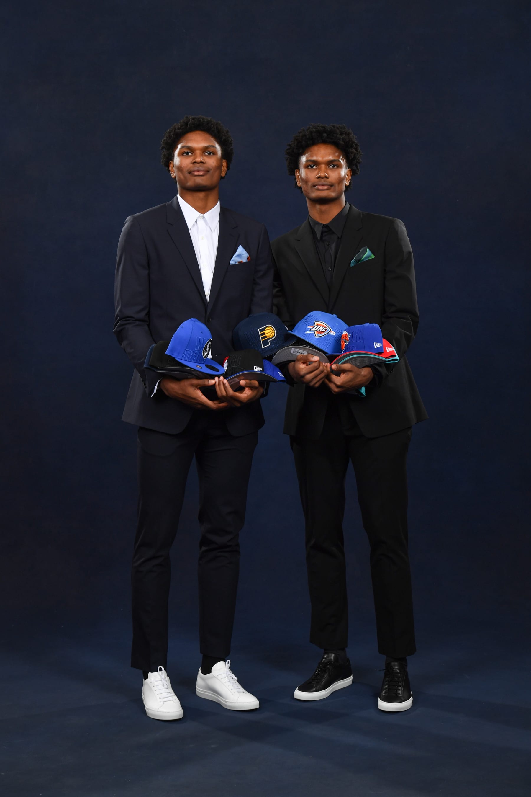 CHICAGO,IL - MAY 16:  Amen Thompson & Ausar Thompson poses for a portrait during the 2023 NBA Draft Lottery at McCormick Place on May 16, 2023 in Chicago, Illinois. NOTE TO USER: User expressly acknowledges and agrees that, by downloading and or using this photograph, user is consenting to the terms and conditions of the Getty Images License Agreement. Mandatory Copyright Notice: Copyright 2023 NBAE (Photo by Chris Schwegler/NBAE via Getty Images)