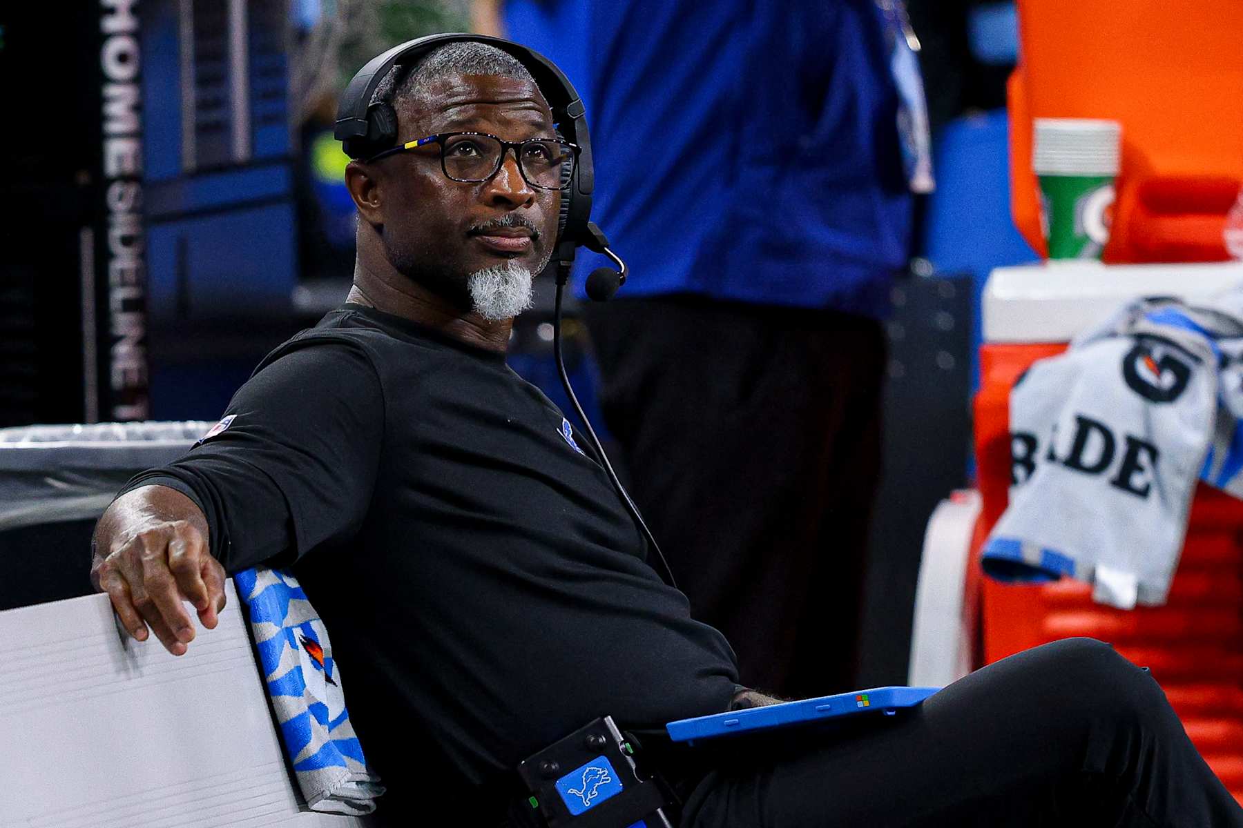 DETROIT, MICHIGAN - DECEMBER 15: Defensive coordinator Aaron Glenn of the Detroit Lions looks on during the second half of a game against the Buffalo Bills at Ford Field on December 15, 2024 in Detroit, Michigan. (Photo by Mike Mulholland/Getty Images)