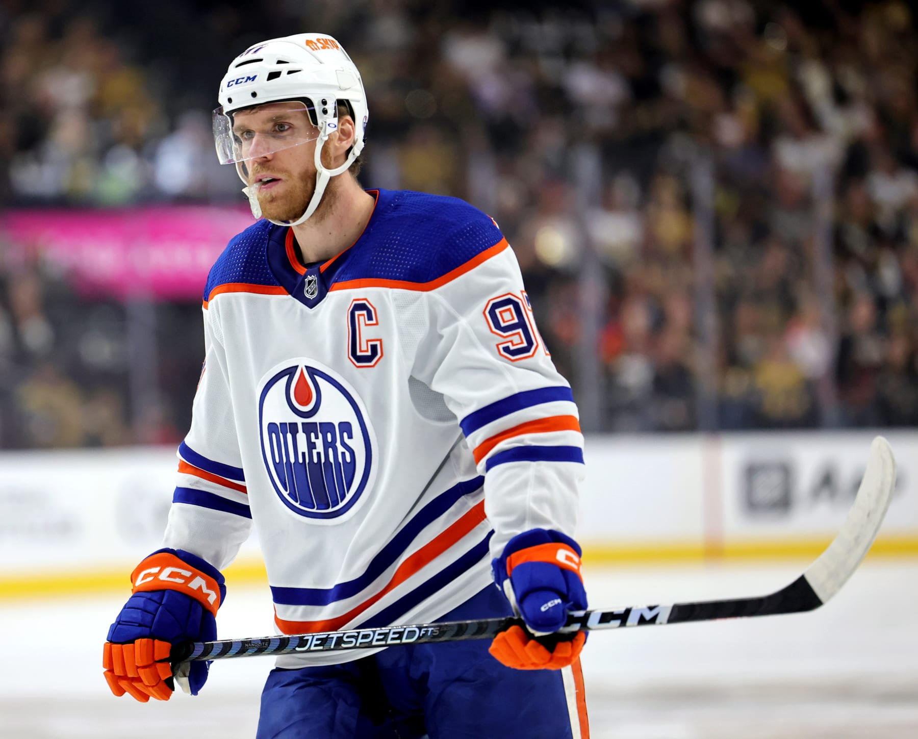 LAS VEGAS, NEVADA - MAY 12: Connor McDavid #97 of the Edmonton Oilers waits for a faceoff in the first period of Game Five of the Second Round of the 2023 Stanley Cup Playoffs against the Vegas Golden Knights at T-Mobile Arena on May 12, 2023 in Las Vegas, Nevada. The Golden Knights defeated the Oilers 4-3. (Photo by Ethan Miller/Getty Images)