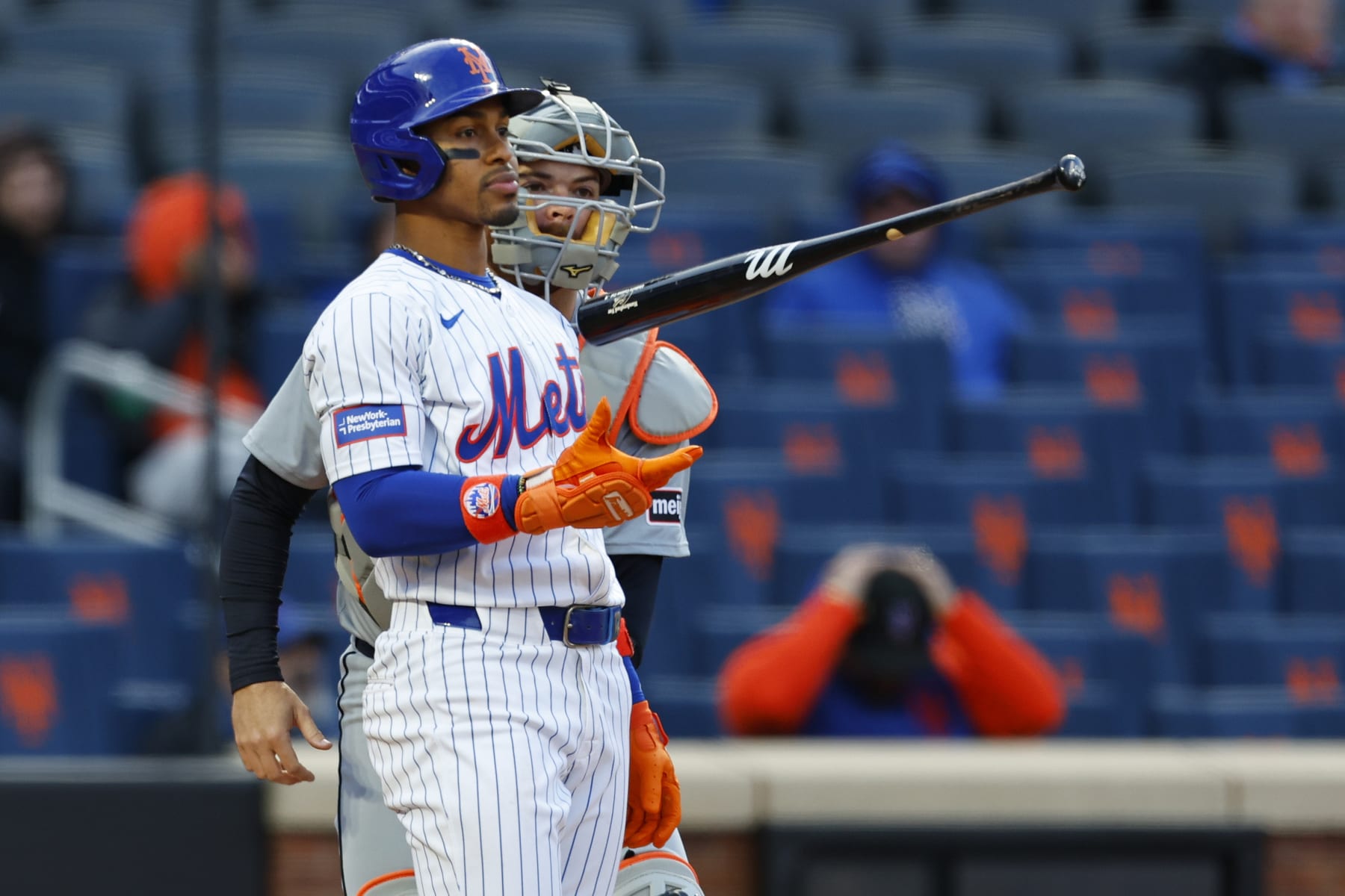 NEW YORK, NEW YORK - APRIL 4: Francisco Lindor #12 of the New York Mets flips his bat after striking out against the Detroit Tigers during game two of a double header at Citi Field on April 4, 2024 in New York City. (Photo by Rich Schultz/Getty Images)