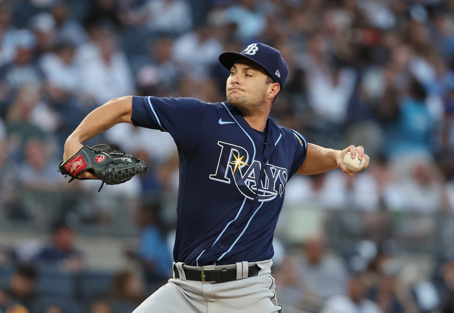 NEW YORK, NEW YORK - AUGUST 02:  Shane McClanahan #18 of the Tampa Bay Rays pitches against the New York Yankees during their game at Yankee Stadium on August 2, 2023 in Bronx borough of New York City.  (Photo by Al Bello/Getty Images)