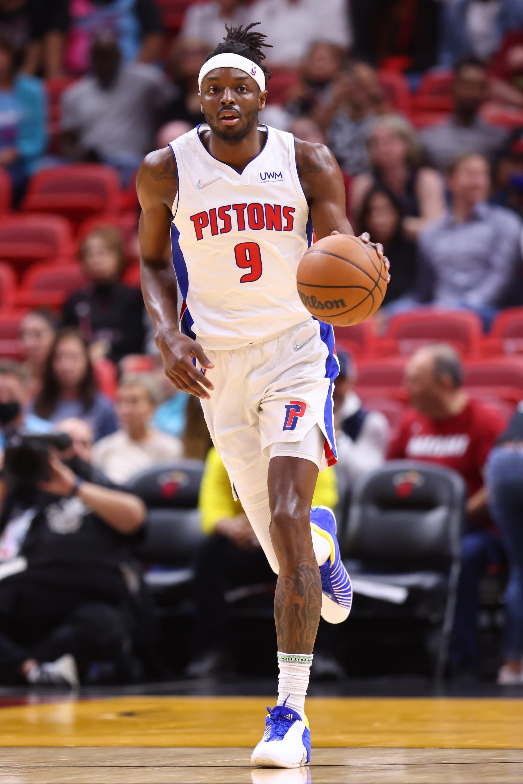 MIAMI, FLORIDA - MARCH 15: Jerami Grant #9 of the Detroit Pistons in action against the Miami Heat during the first half at FTX Arena on March 15, 2022 in Miami, Florida. NOTE TO USER: User expressly acknowledges and agrees that, by downloading and or using this photograph, User is consenting to the terms and conditions of the Getty Images License Agreement.  (Photo by Michael Reaves/Getty Images)