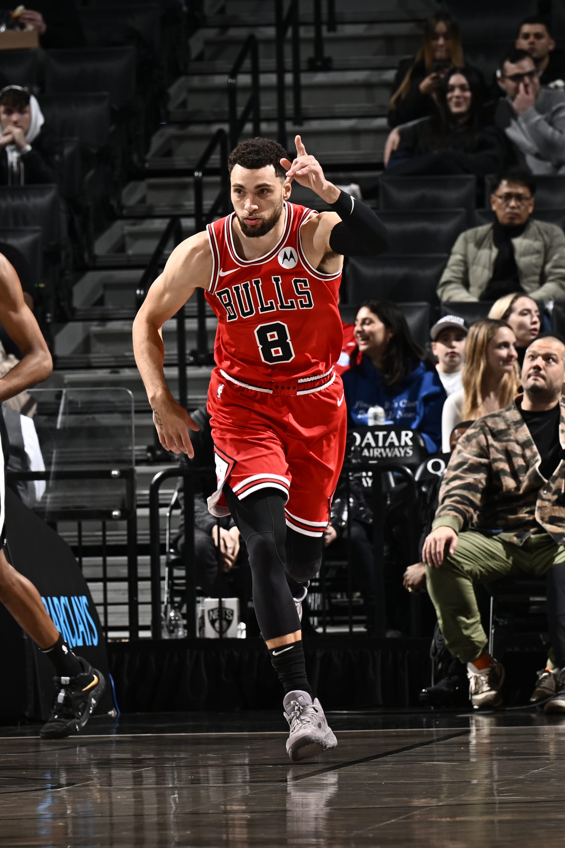 BROOKLYN, NY - NOVEMBER 26: Zach LaVine #8 of the Chicago Bulls looks on during the game against the Brooklyn Nets on November 26, 2023 at Barclays Center in Brooklyn, New York. NOTE TO USER: User expressly acknowledges and agrees that, by downloading and or using this Photograph, user is consenting to the terms and conditions of the Getty Images License Agreement. Mandatory Copyright Notice: Copyright 2023 NBAE (Photo by David Dow/NBAE via Getty Images)