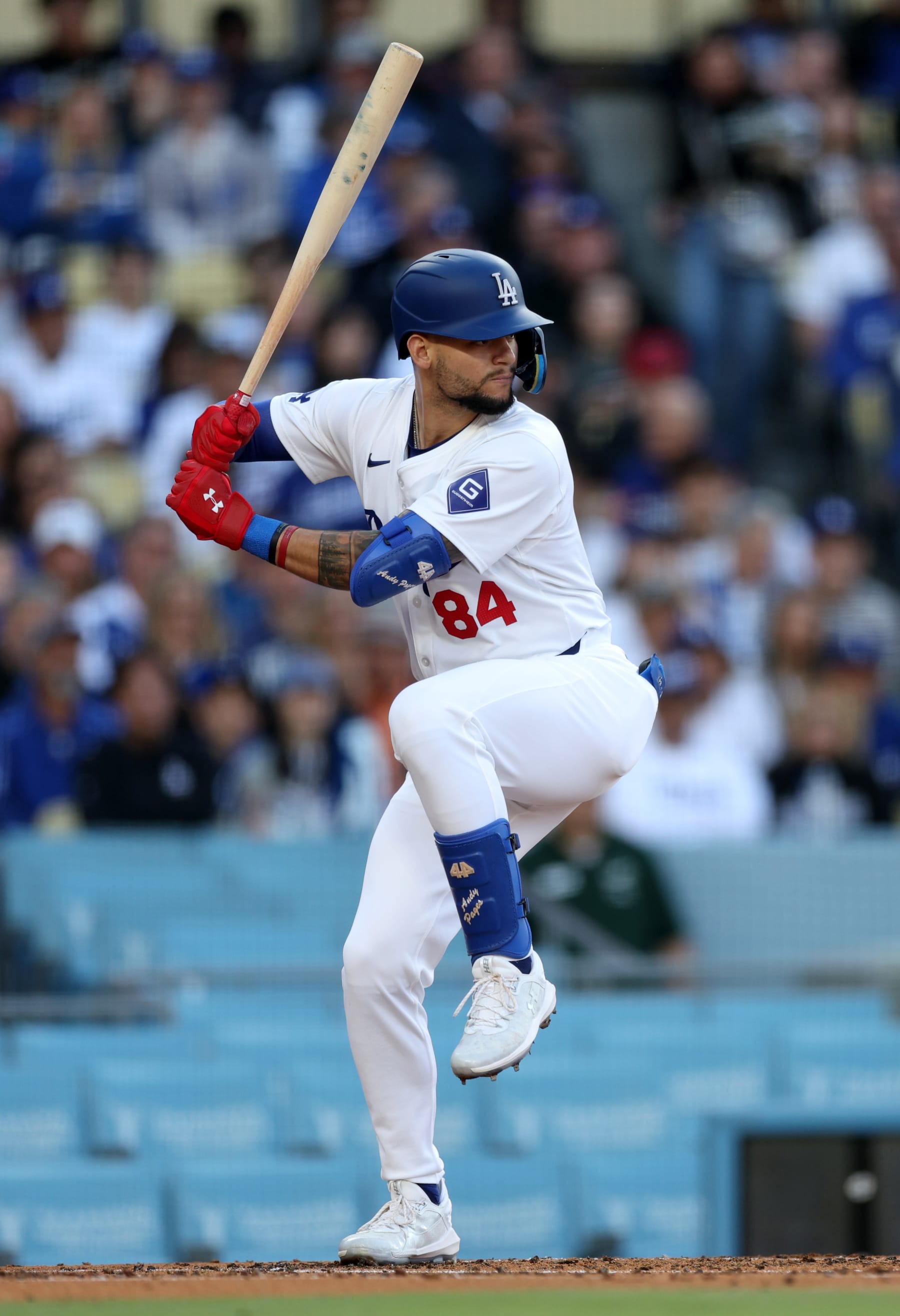 LOS ANGELES, CALIFORNIA - MAY 04: Andy Pages #84 of the Los Angeles Dodgers at bat during an 11-2 win over the Atlanta Braves at Dodger Stadium on May 04, 2024 in Los Angeles, California. (Photo by Harry How/Getty Images)