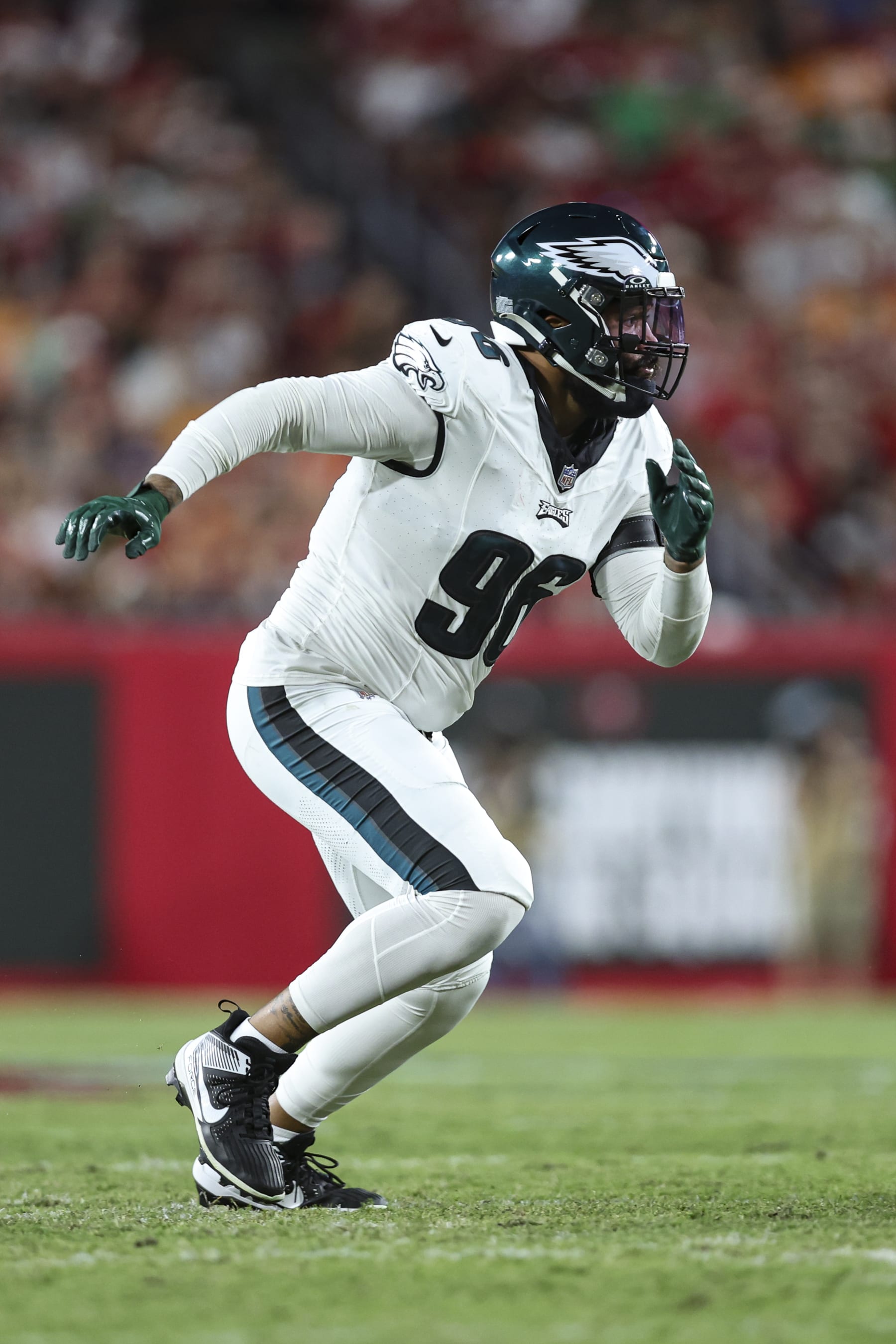 TAMPA, FL - SEPTEMBER 25: Derek Barnett #96 of the Philadelphia Eagles rushes the passer during an NFL football game against the Tampa Bay Buccaneers at Raymond James Stadium on September 25, 2023 in Tampa, Florida. (Photo by Perry Knotts/Getty Images) TAMPA, FL - SEPTEMBER 25: Derek Barnett #96 of the Philadelphia Eagles rushes the passer during an NFL football game against the Tampa Bay Buccaneers at Raymond James Stadium on September 25, 2023 in Tampa, Florida. (Photo by Perry Knotts/Getty Images)