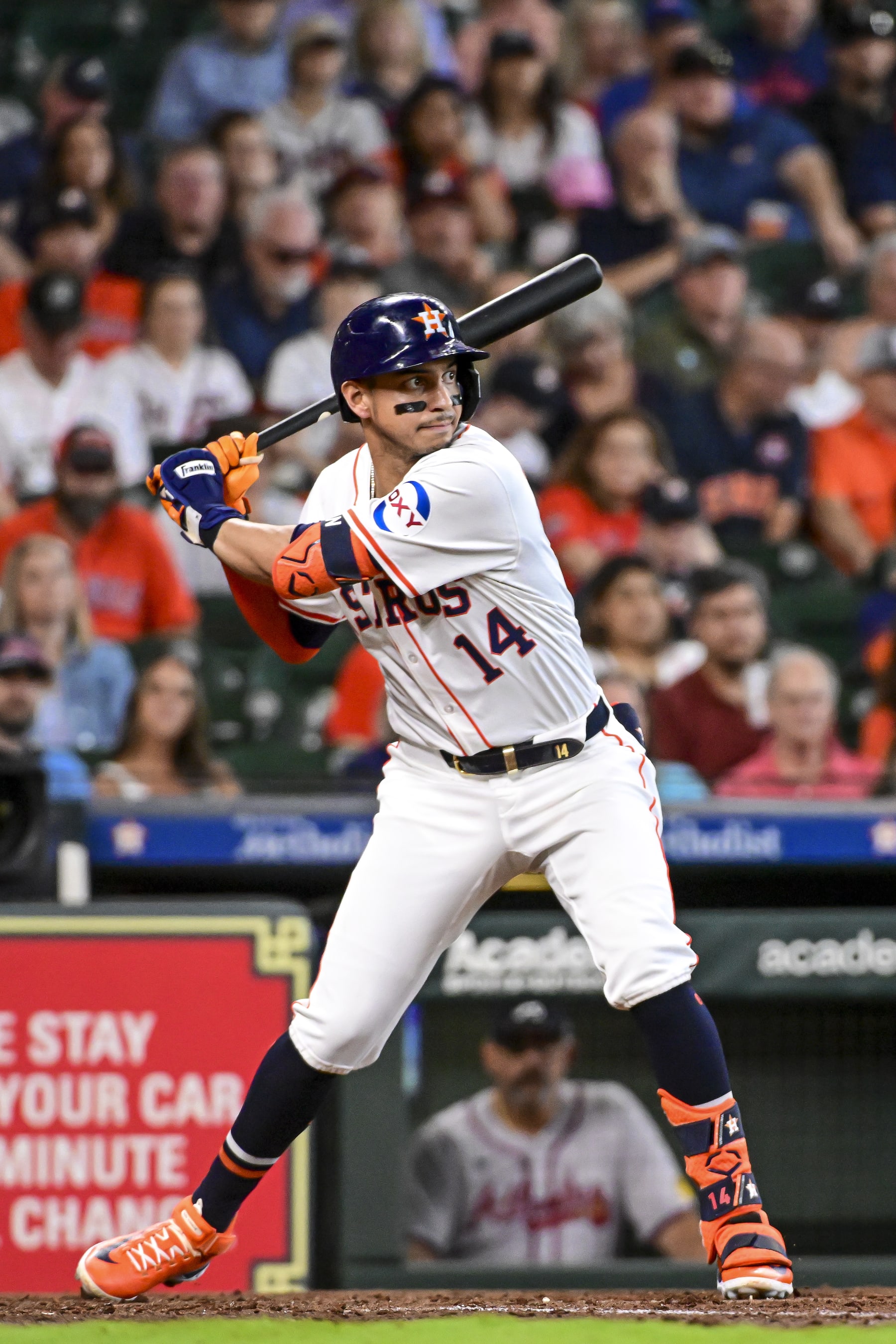 HOUSTON, TEXAS - APRIL 17: Mauricio Dubón #14 of the Houston Astros bats against the Atlanta Braves at Minute Maid Park on April 17, 2024 in Houston, Texas. (Photo by Logan Riely/Getty Images) HOUSTON, TEXAS - APRIL 17: Mauricio Dubón #14 of the Houston Astros bats against the Atlanta Braves at Minute Maid Park on April 17, 2024 in Houston, Texas. (Photo by Logan Riely/Getty Images)