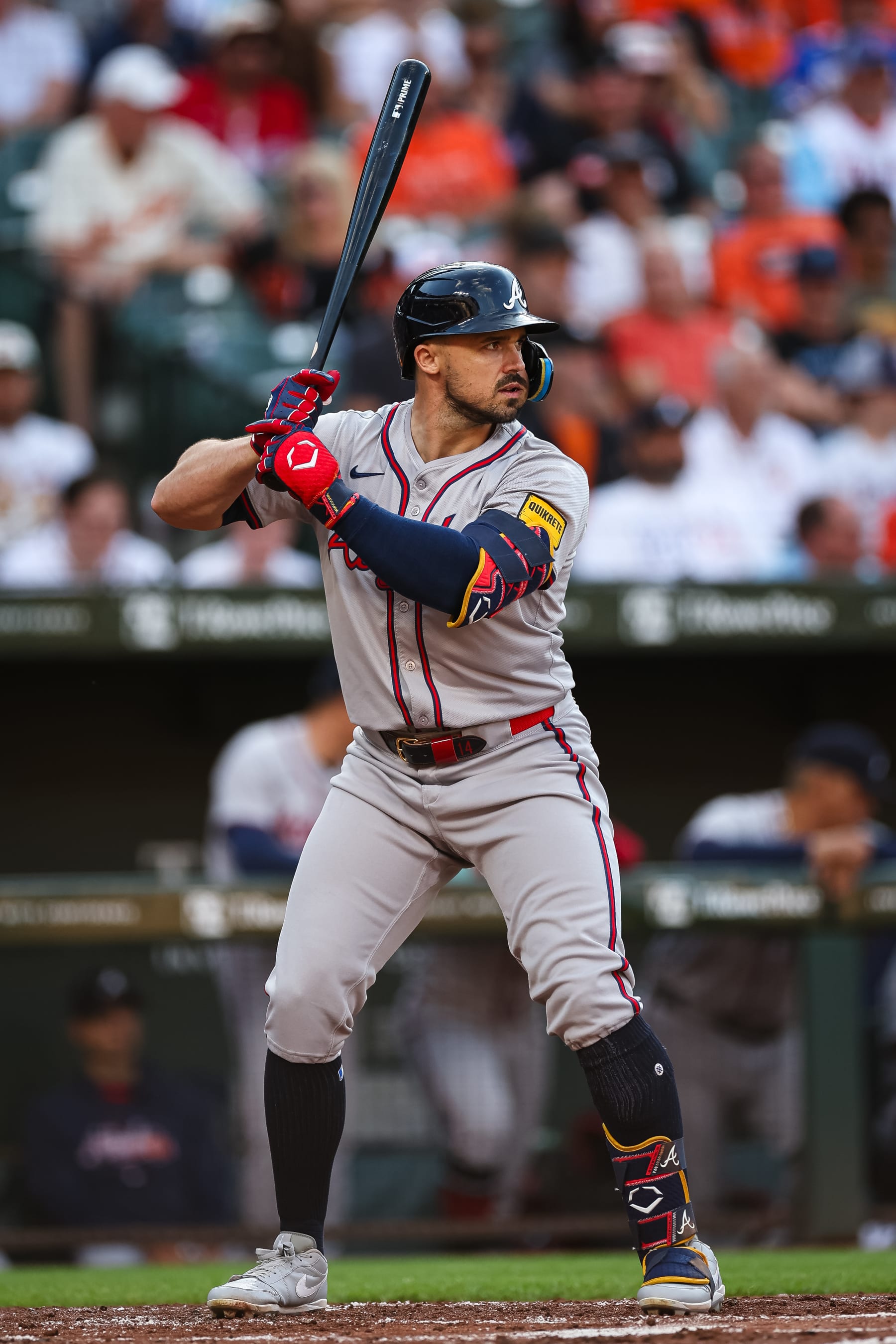 BALTIMORE, MD - JUNE 12: Adam Duvall #14 of the Atlanta Braves at bat against the Baltimore Orioles during the second inning at Oriole Park at Camden Yards on June 12, 2024 in Baltimore, Maryland. (Photo by Scott Taetsch/Getty Images)