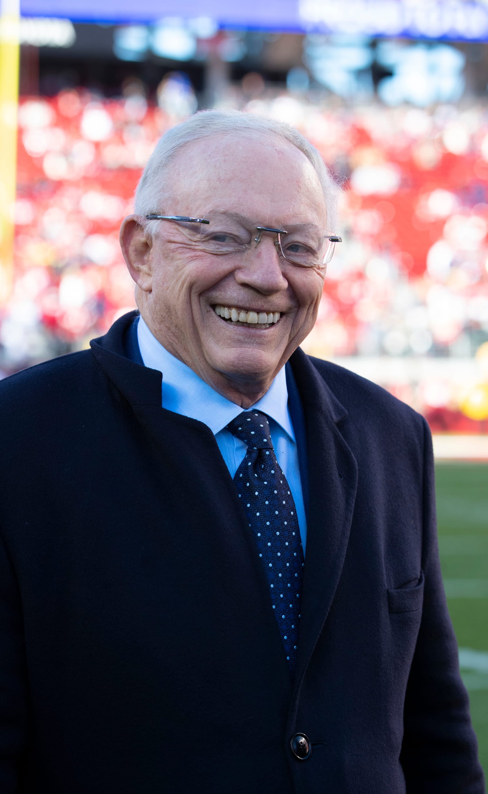 SANTA CLARA, CA - JANUARY 22: Owner Jerry Jones of the Dallas Cowboys on the field before the NFC Divisional playoff game against the San Francisco 49ers at Levi's Stadium on January 22, 2023 in Santa Clara, California. The 49ers defeated the Cowboys 19-12. (Photo by Michael Zagaris/San Francisco 49ers/Getty Images)