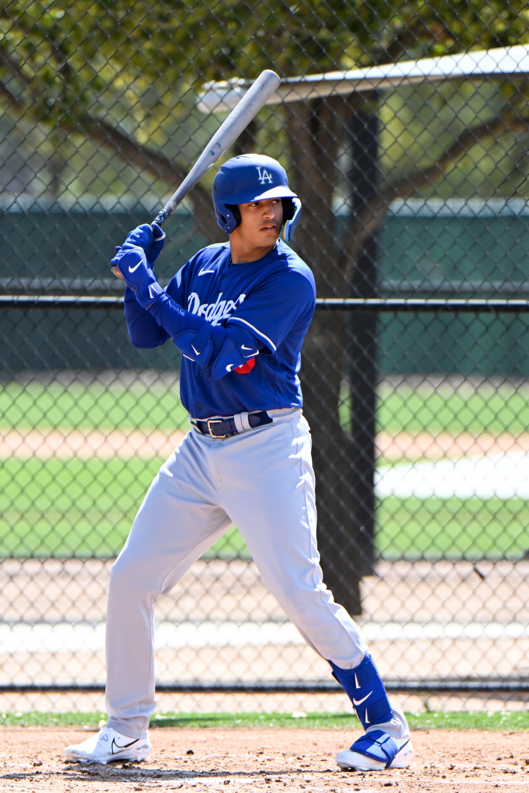 GLENDALE, ARIZONA - MARCH 25, 2023: Diego Cartaya #76 of the Los Angeles Dodgers bats during a minor league spring training game against the Chicago White Sox at Camelback Ranch on March 25, 2023 in Glendale, Arizona. (Photo by David Durochik/Diamond Images via Getty Images)