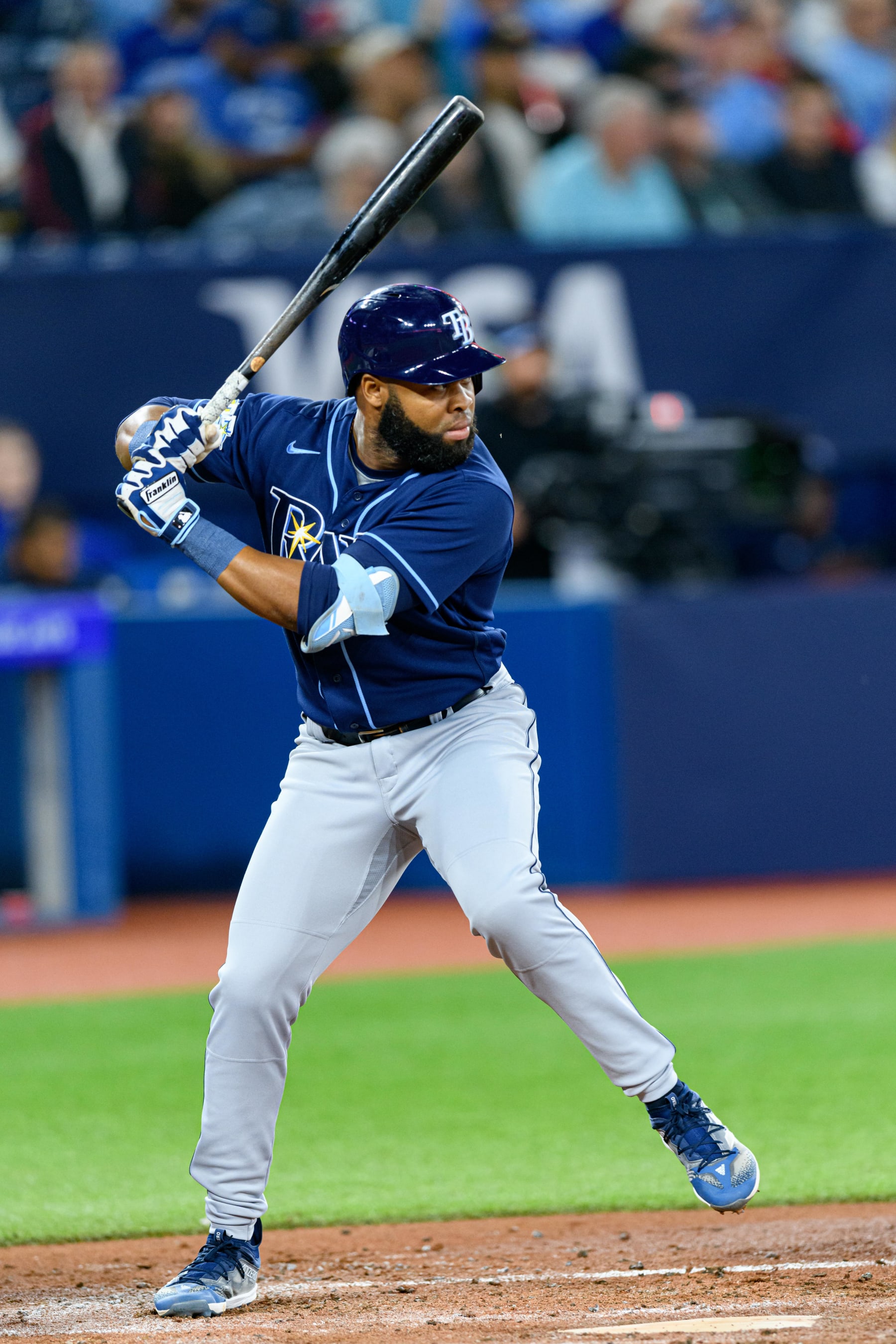 TORONTO, ON - SEPTEMBER 26: Tampa Bay Rays Outfield Manuel Margot (13) bats during the MLB baseball regular season game between the Tampa Bay Rays and the Toronto Blue Jays on September 29, 2023, at Rogers Centre in Toronto, ON, Canada. (Photo by Julian Avram/Icon Sportswire via Getty Images)