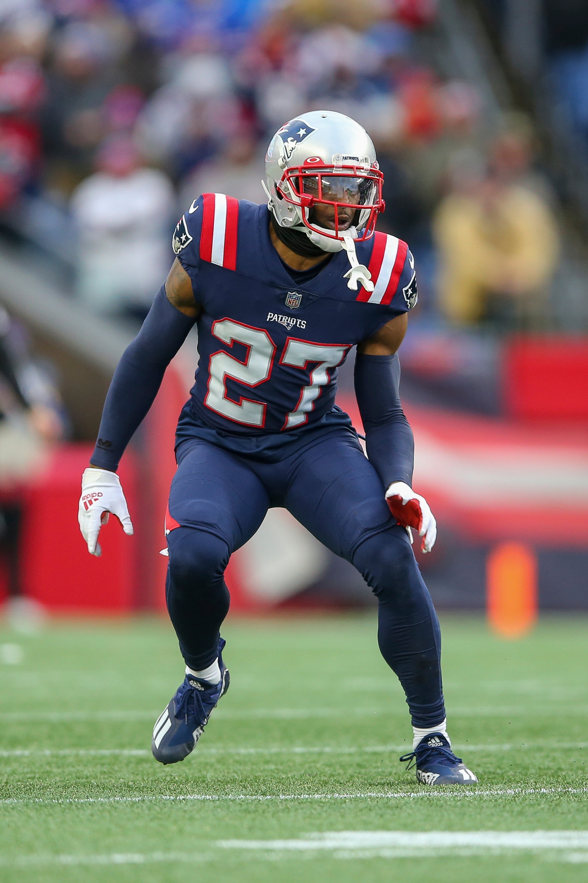New England Patriots cornerback J.C. Jackson (27) defends during the second half of an NFL football game against the Buffalo Bills, Sunday, Dec. 26, 2021, in Foxborough, Mass. (AP Photo/Stew Milne)