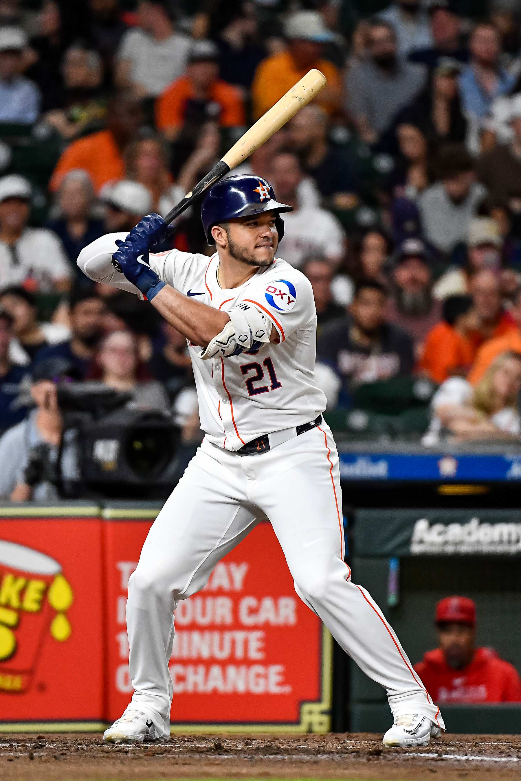 HOUSTON, TEXAS - SEPTEMBER 19: Yainer Diaz #21 of the Houston Astros bats against the Los Angeles Angels at Minute Maid Park on September 19, 2024 in Houston, Texas. (Photo by Logan Riely/Getty Images)