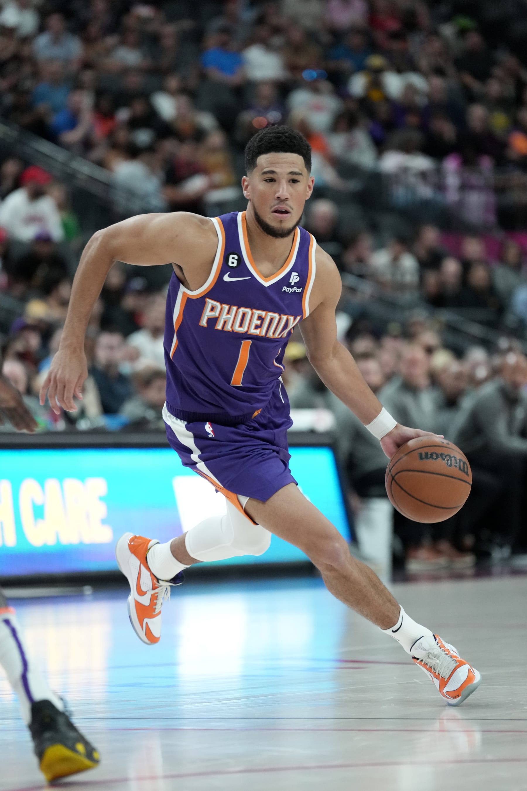 LAS VEGAS, NV - OCTOBER 5: Devin Booker #1 of the Phoenix Suns drives to the basket against the Los Angeles Lakers during a preseason game on October 5 2022 at T-Mobile Arena in Las Vegas, Nevada. NOTE TO USER: User expressly acknowledges and agrees that, by downloading and or using this photograph, User is consenting to the terms and conditions of the Getty Images License Agreement. Mandatory Copyright Notice: Copyright 2022 NBAE (Photo by Jeff Bottari/NBAE via Getty Images)